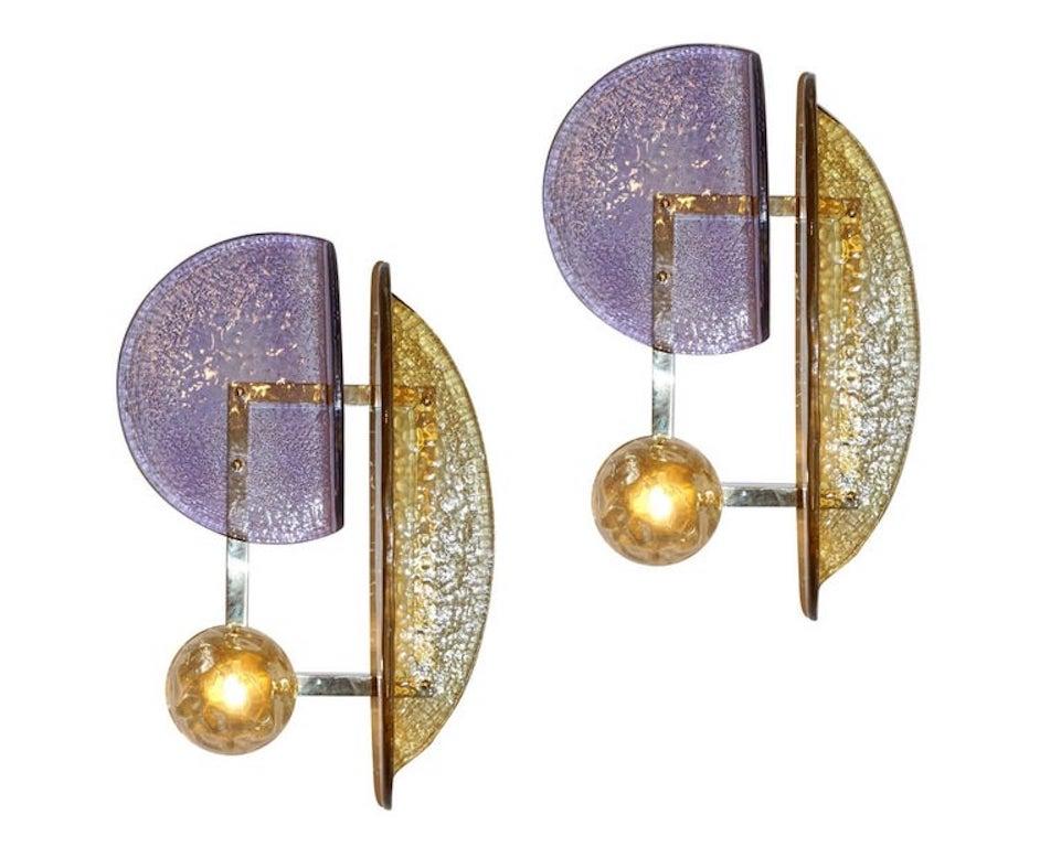 Contemporary Italian Pair of Organic Pink Amber Murano Glass Gold Brass Sconces For Sale 3