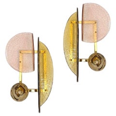 Contemporary Italian Pair of Organic Pink Amber Murano Glass Gold Brass Sconces