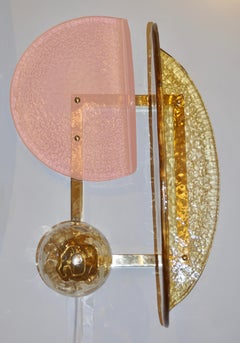 Contemporary Italian Pair of Pink and Amber Murano Glass Gold Brass Sconces