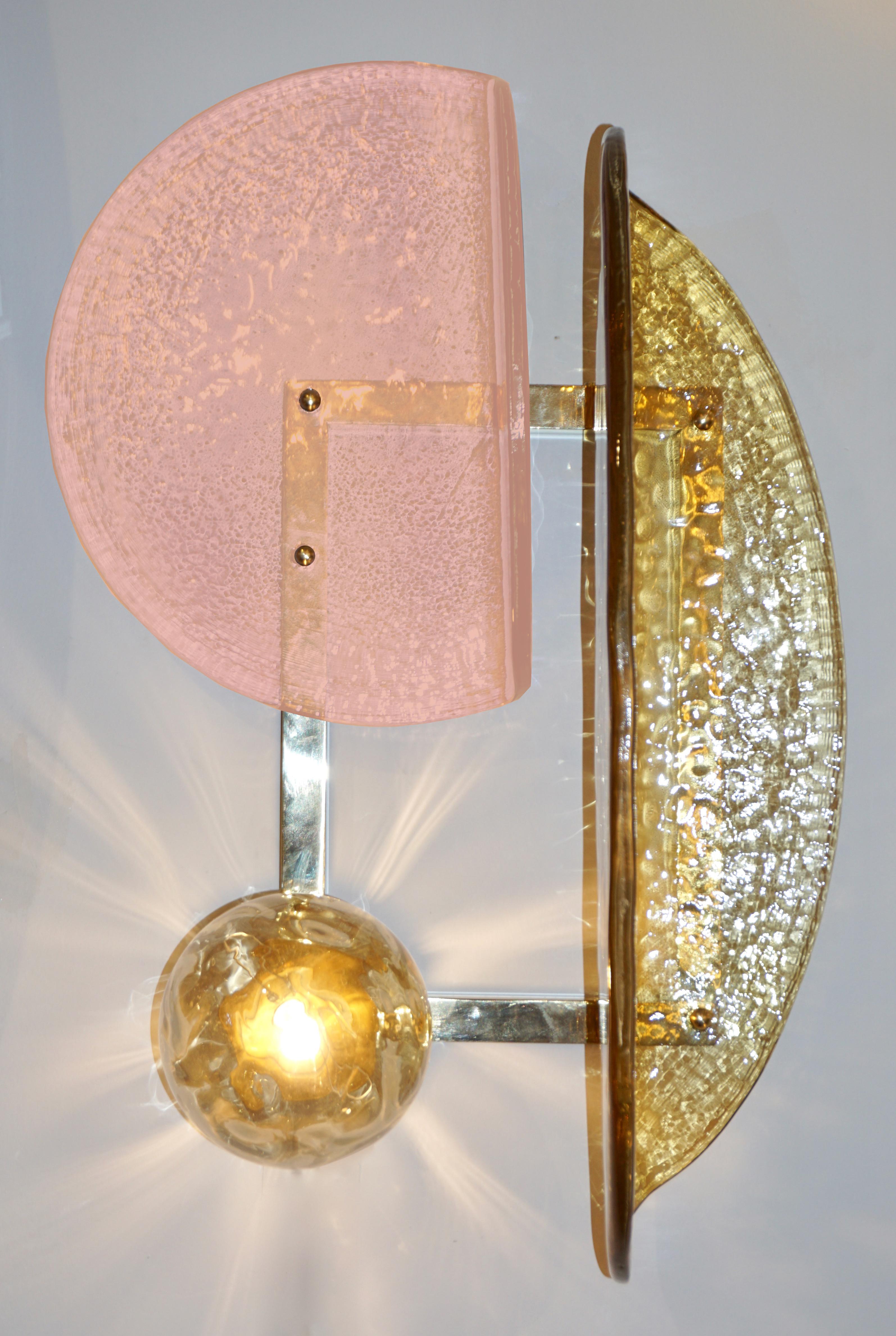 Contemporary Italian Pair of Pink and Amber Murano Glass Gold Brass Sconces For Sale 1