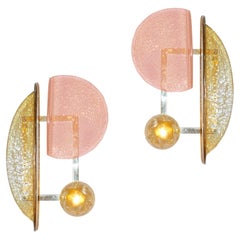 Contemporary Italian Pair of Pink and Amber Murano Glass Gold Brass Sconces