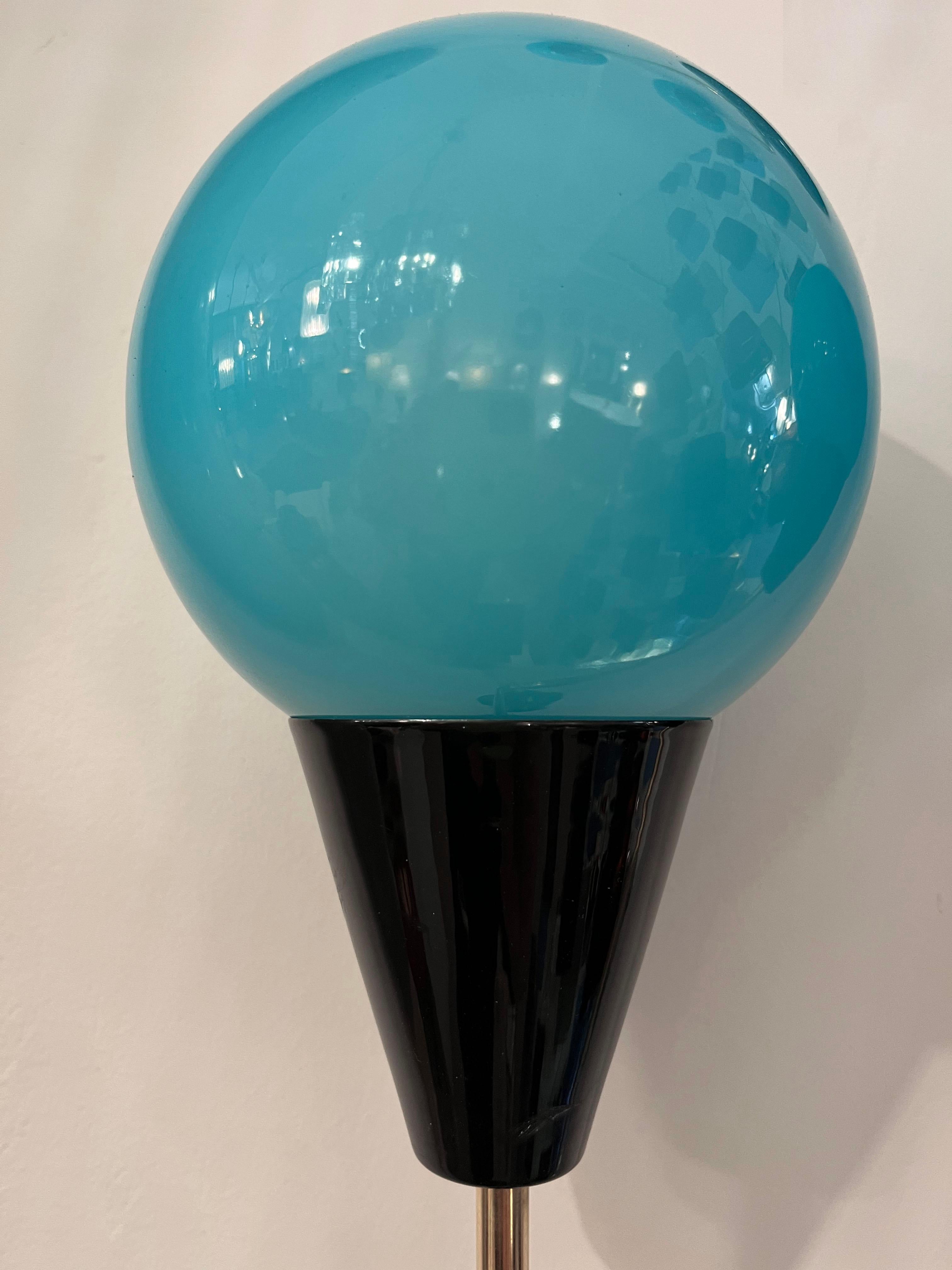 Contemporary Italian Pair of Two Globe Turquoise Blue Murano Glass Brass Sconces For Sale 5