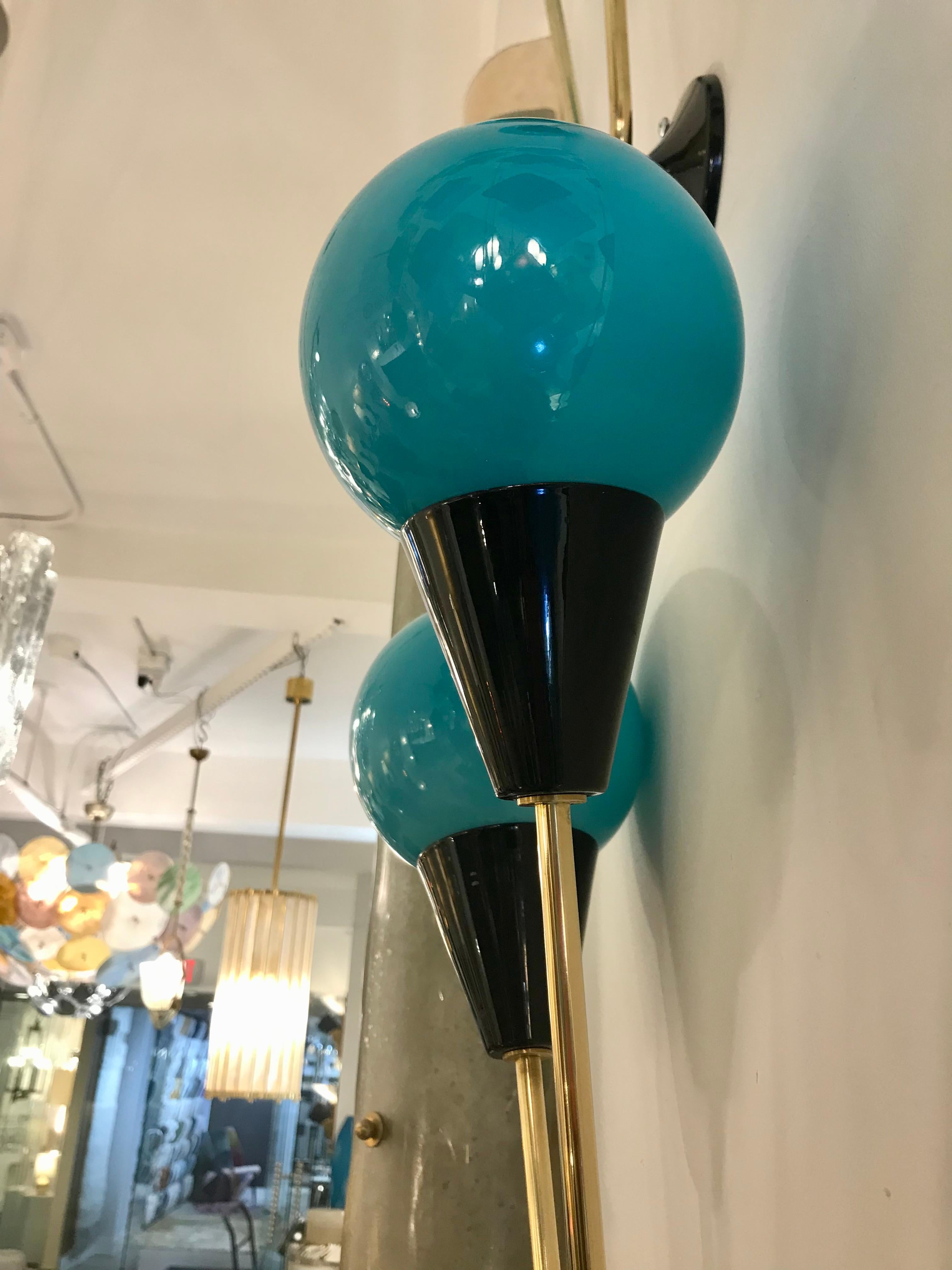 Metal Contemporary Italian Pair of Two Globe Turquoise Blue Murano Glass Brass Sconces For Sale
