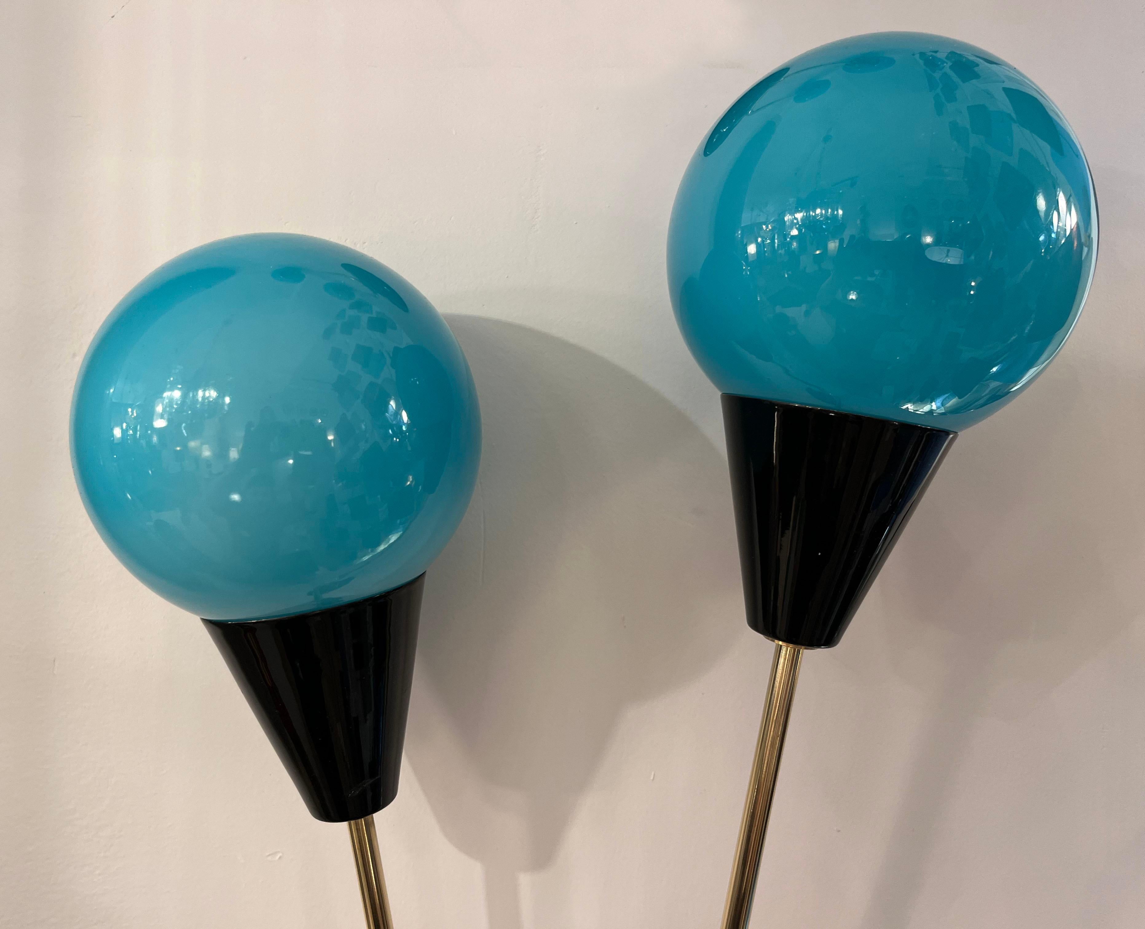 Contemporary Italian Pair of Two Globe Turquoise Blue Murano Glass Brass Sconces For Sale 1