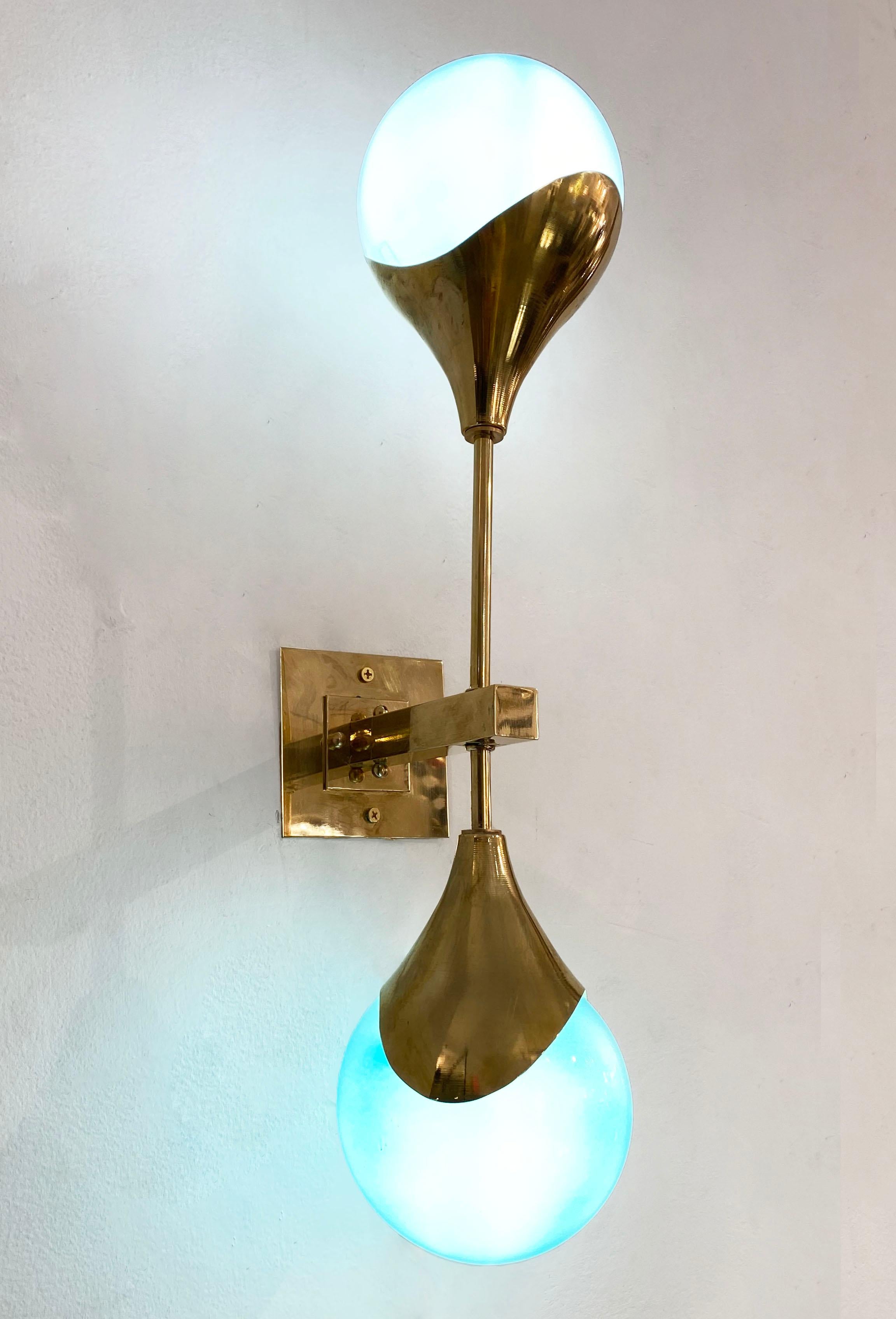 Contemporary Italian Pair of Two Globe Turquoise Murano Glass Brass Sconces For Sale 8