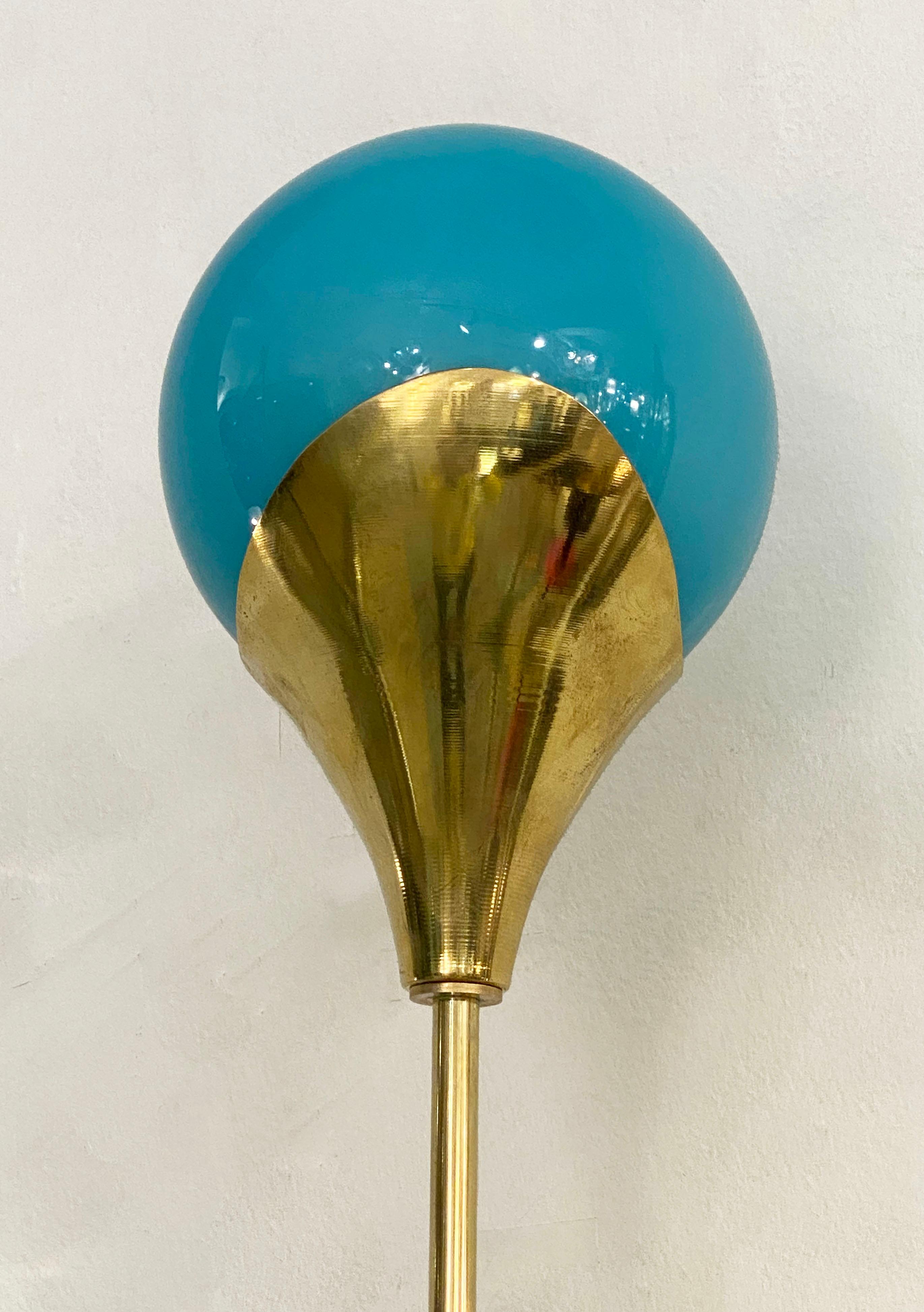 Mid-Century Modern Contemporary Italian Pair of Two Globe Turquoise Murano Glass Brass Sconces For Sale