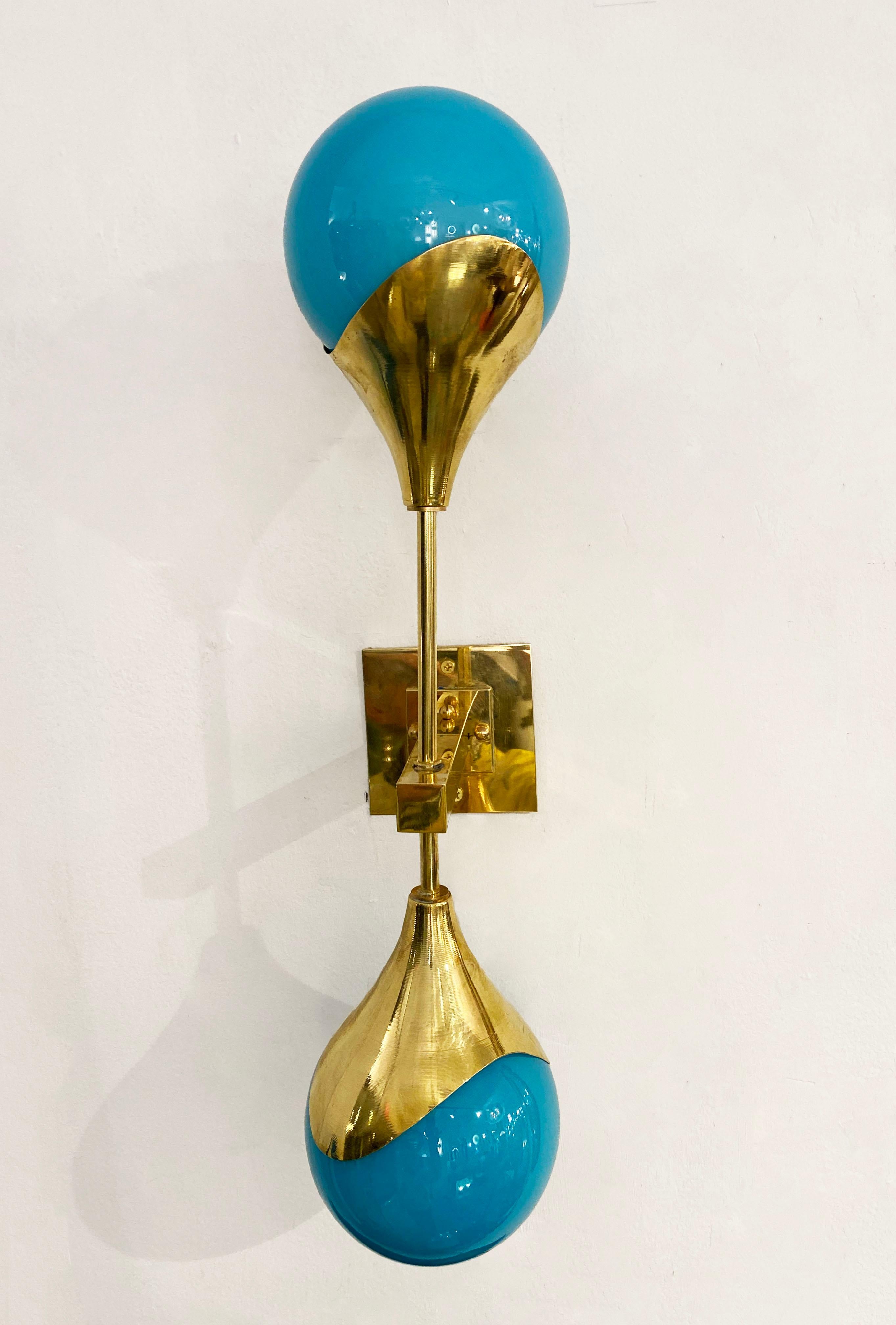 Hand-Crafted Contemporary Italian Pair of Two Globe Turquoise Murano Glass Brass Sconces For Sale