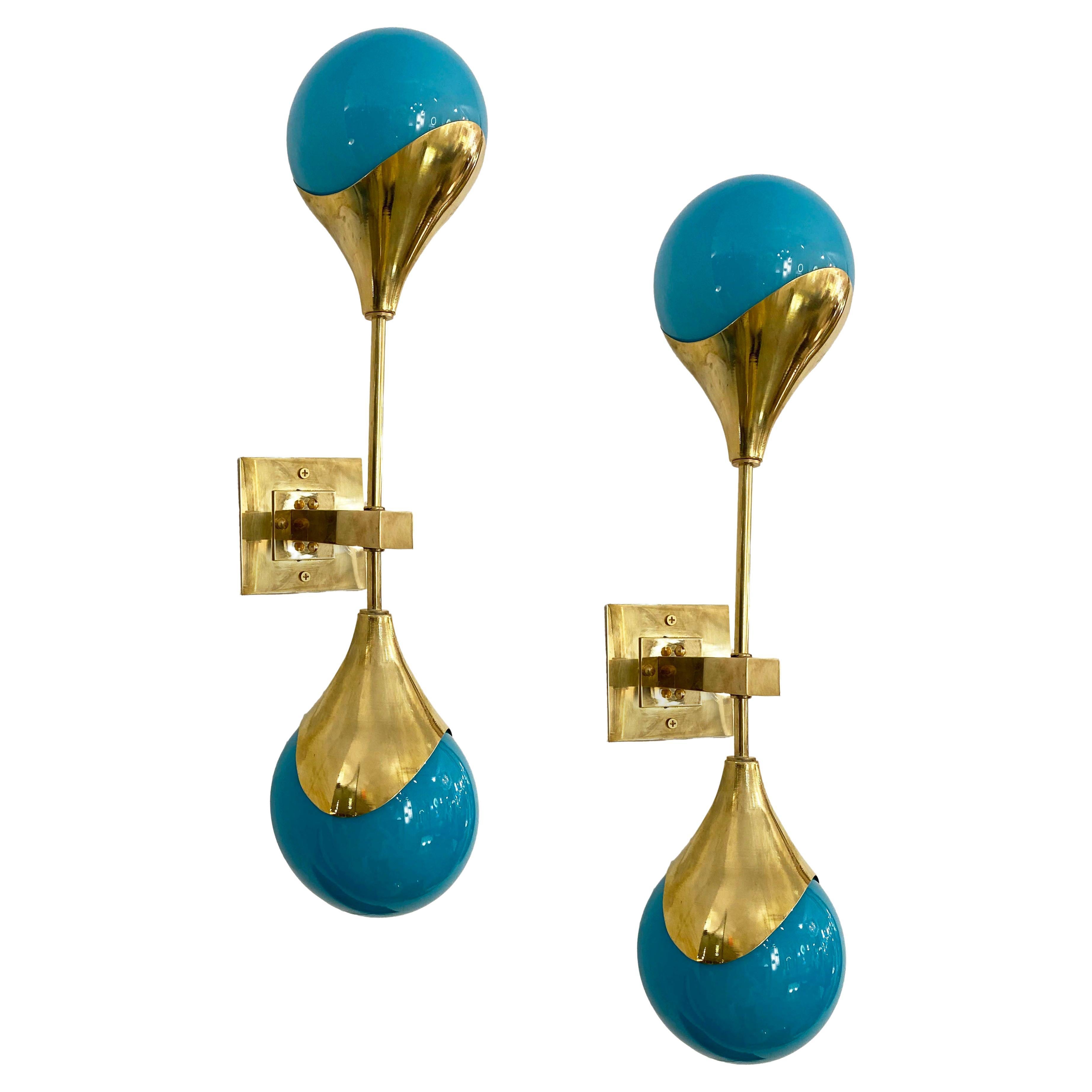 Contemporary Italian Pair of Two Globe Turquoise Murano Glass Brass Sconces For Sale 3