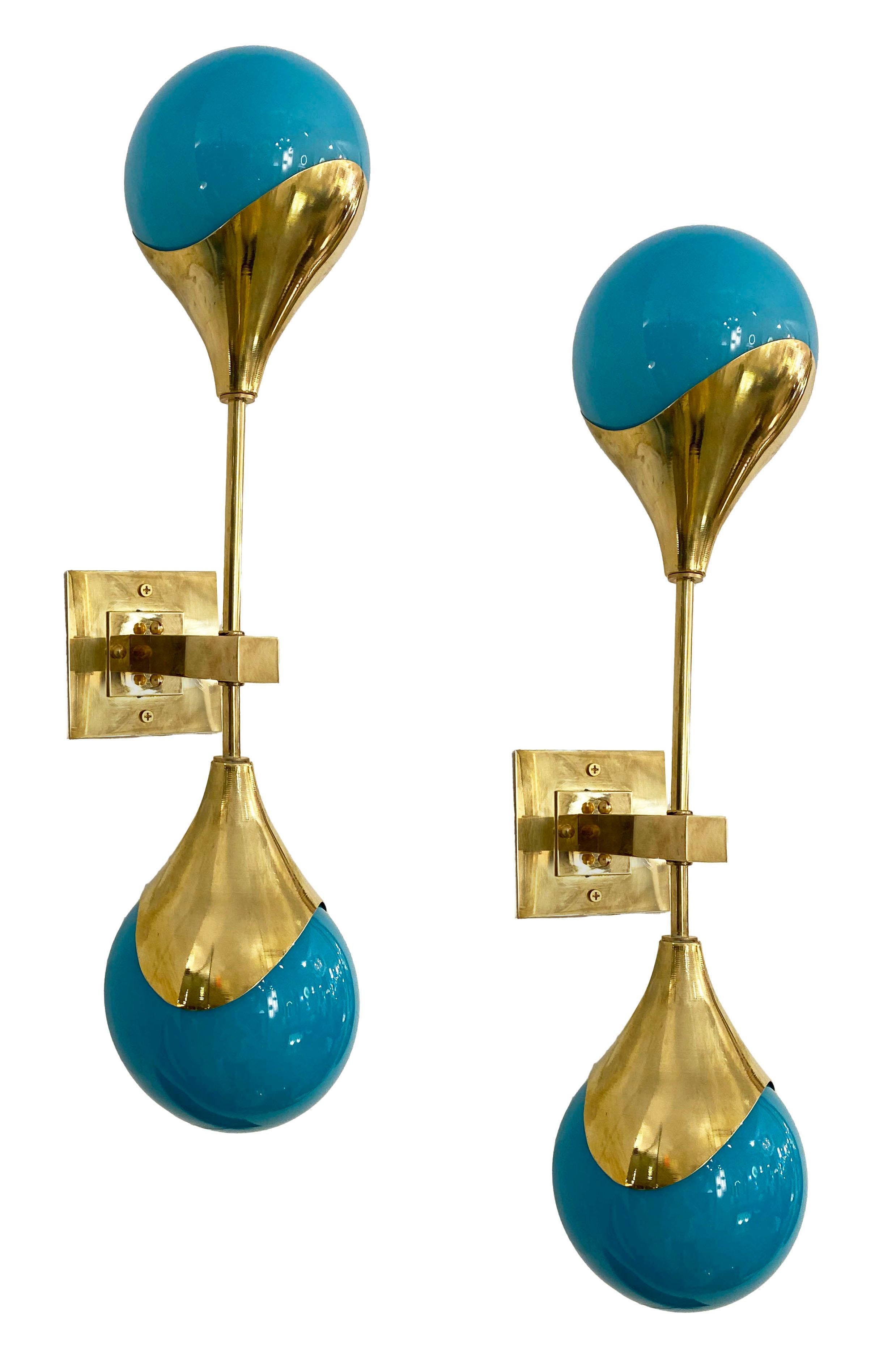 Contemporary Italian Pair of Two Globe Turquoise Murano Glass Brass Sconces For Sale 3