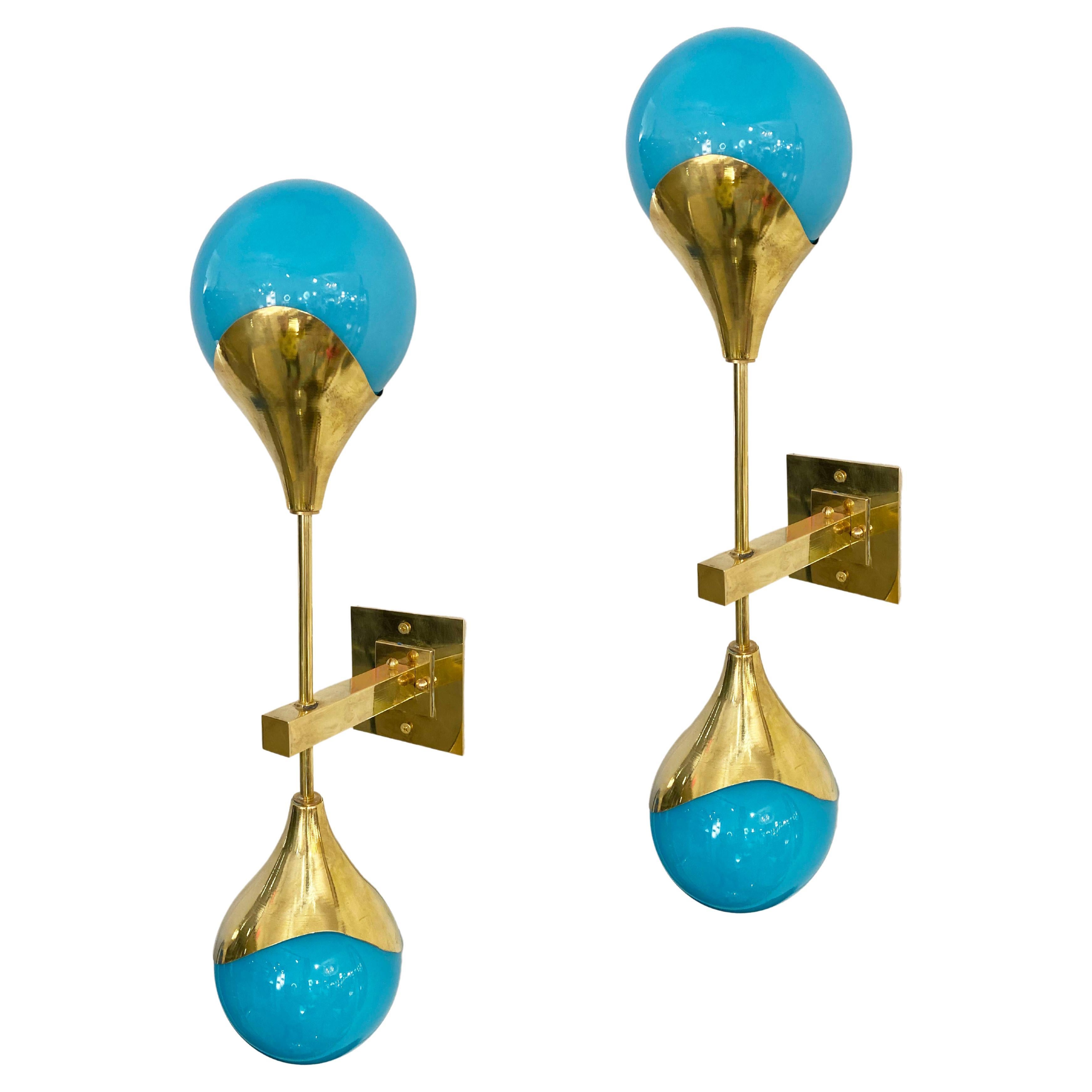 Contemporary Italian Pair of Two Globe Turquoise Murano Glass Brass Sconces For Sale