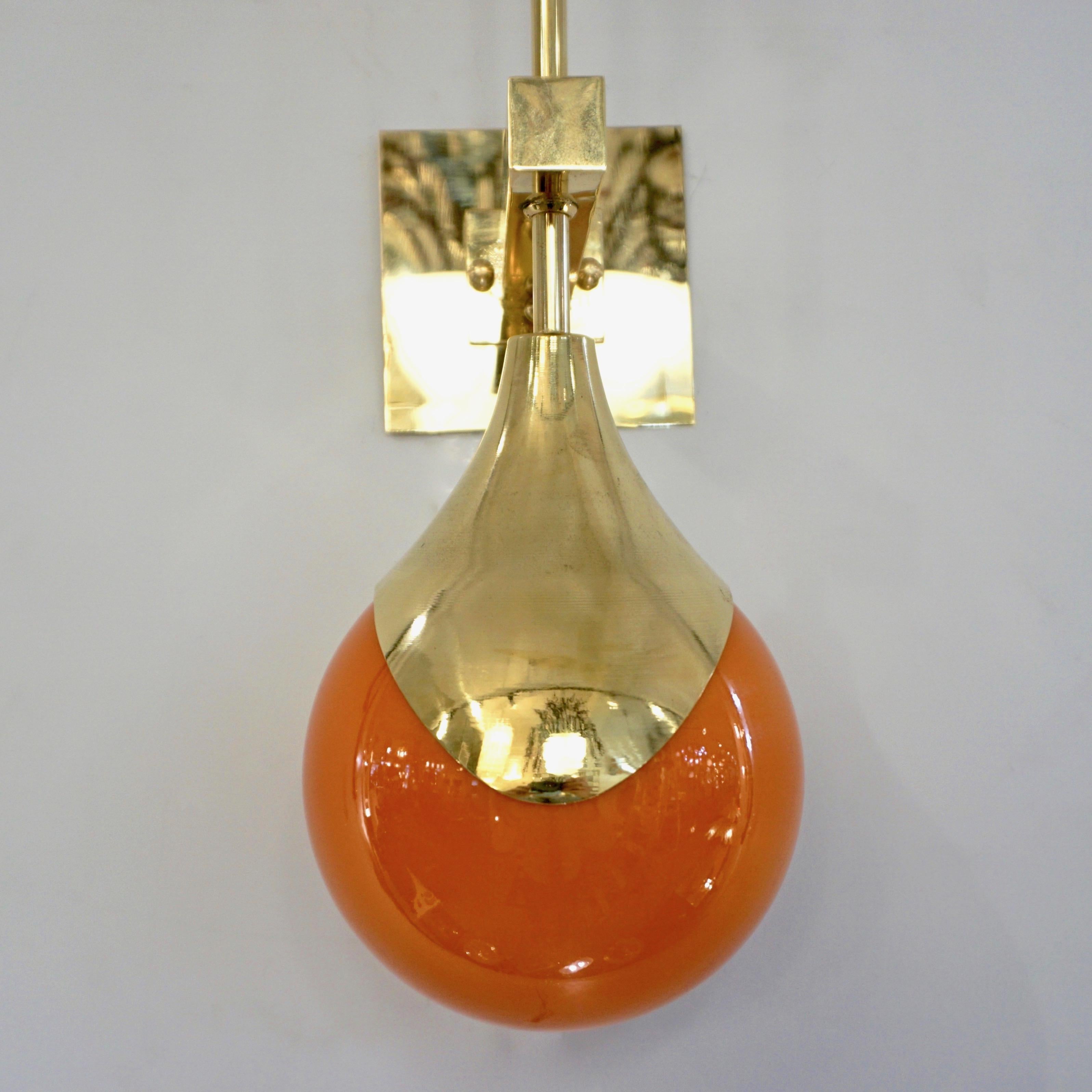 Contemporary Italian Pair of Two Globe White Orange Murano Glass Brass Sconces For Sale 5