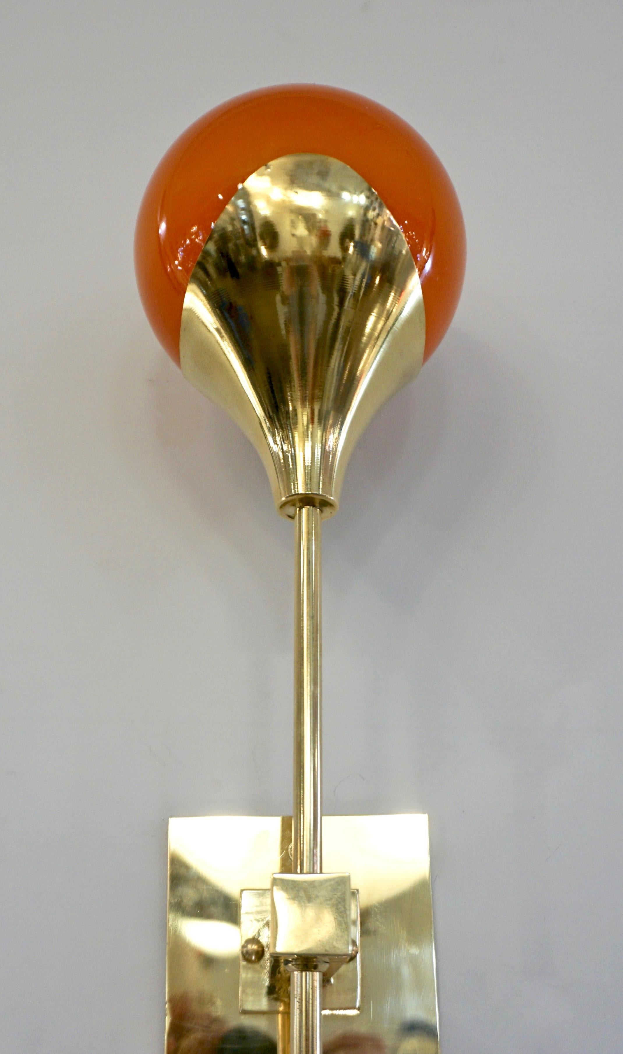 Contemporary Italian Pair of Two Globe White Orange Murano Glass Brass Sconces For Sale 6