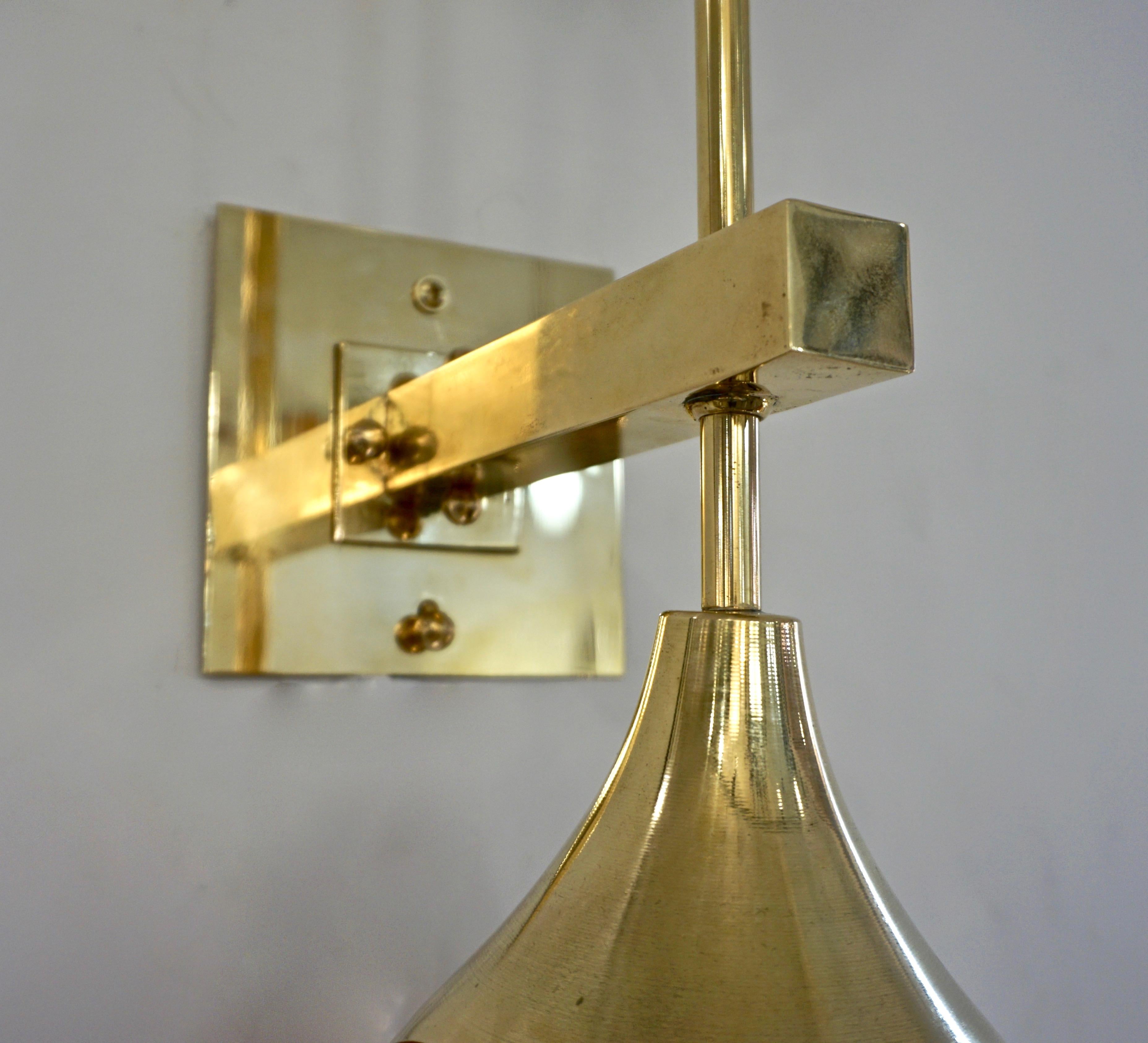 Contemporary Italian Pair of Two Globe White Orange Murano Glass Brass Sconces For Sale 8