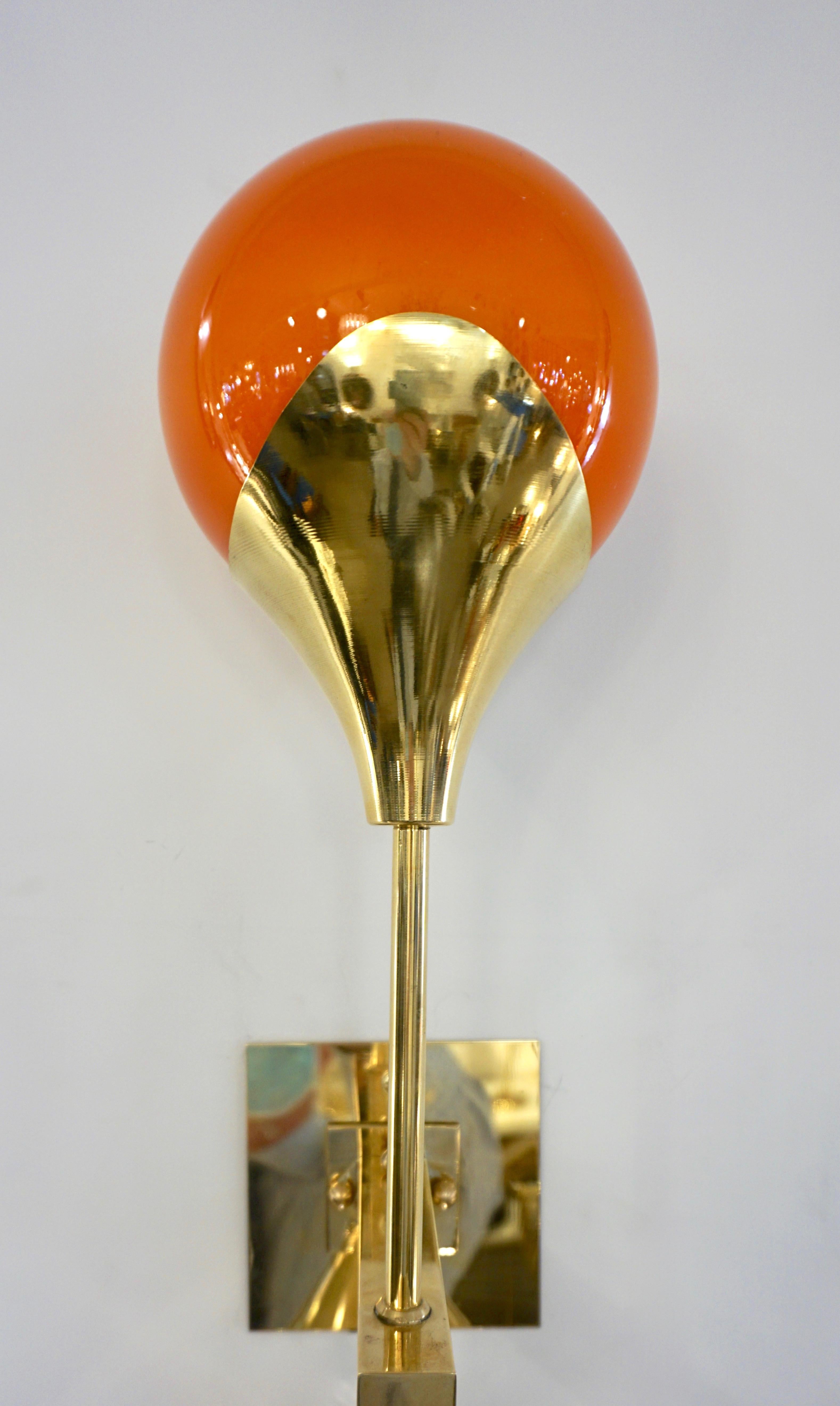 Contemporary Italian Pair of Two Globe White Orange Murano Glass Brass Sconces For Sale 10