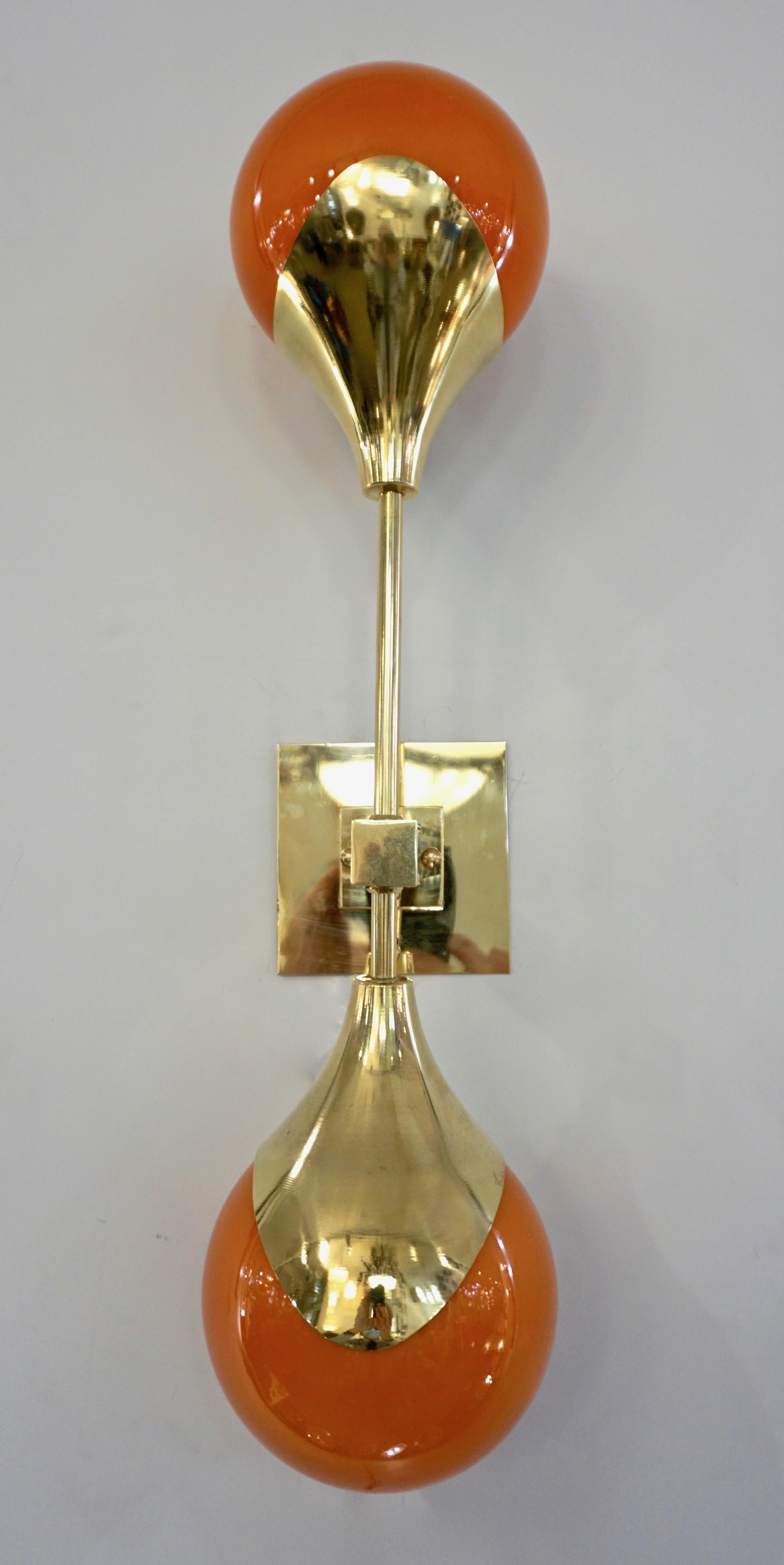 Contemporary Italian Pair of Two Globe White Orange Murano Glass Brass Sconces For Sale 10