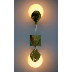 Contemporary Italian Pair of Two Globe White Orange Murano Glass Brass Sconces