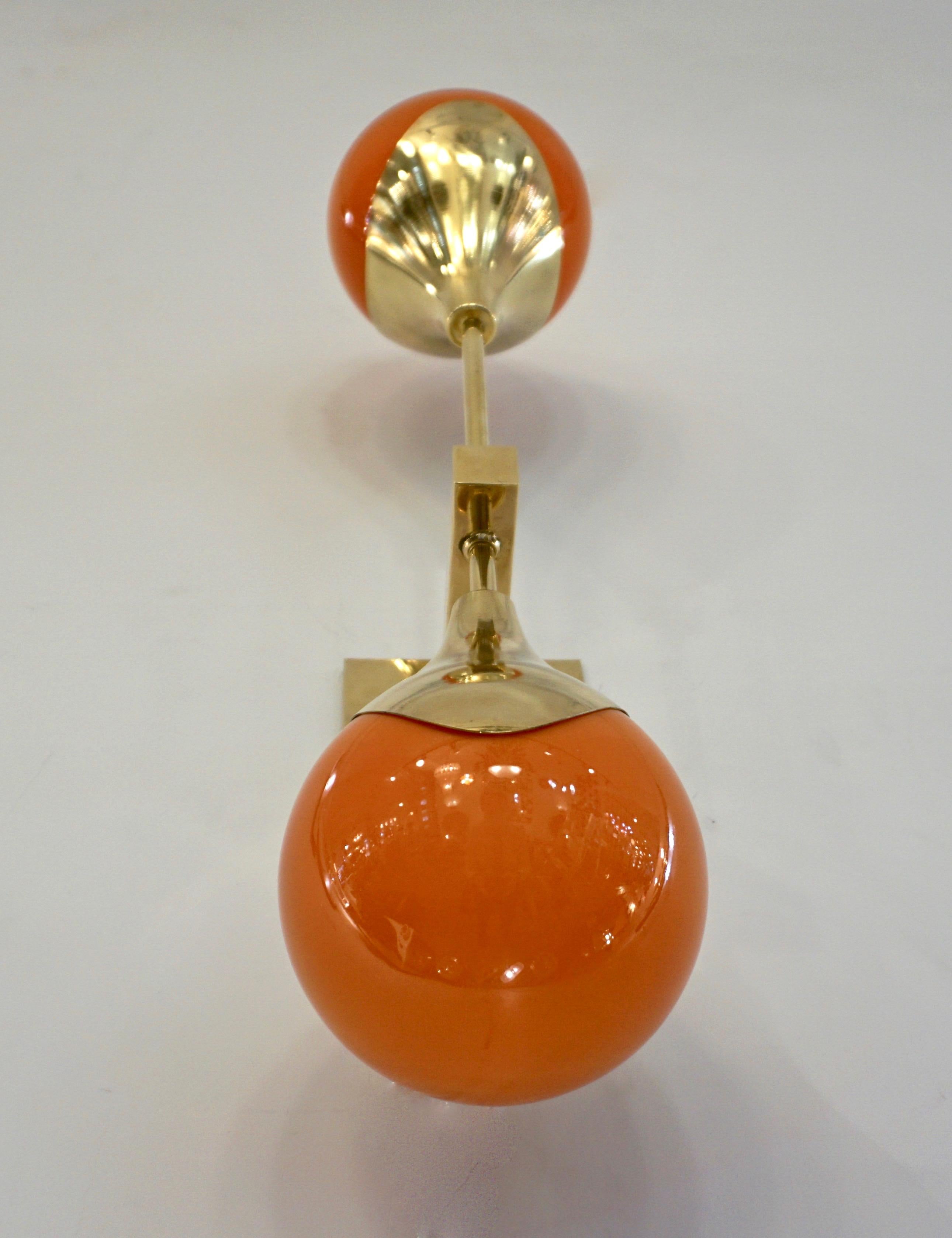 Mid-Century Modern Contemporary Italian Pair of Two Globe White Orange Murano Glass Brass Sconces For Sale