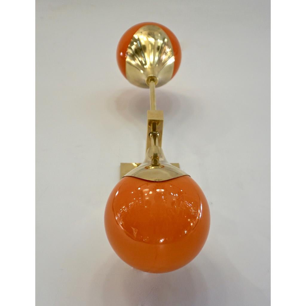 Mid-Century Modern Contemporary Italian Pair of Two Globe White Orange Murano Glass Brass Sconces For Sale