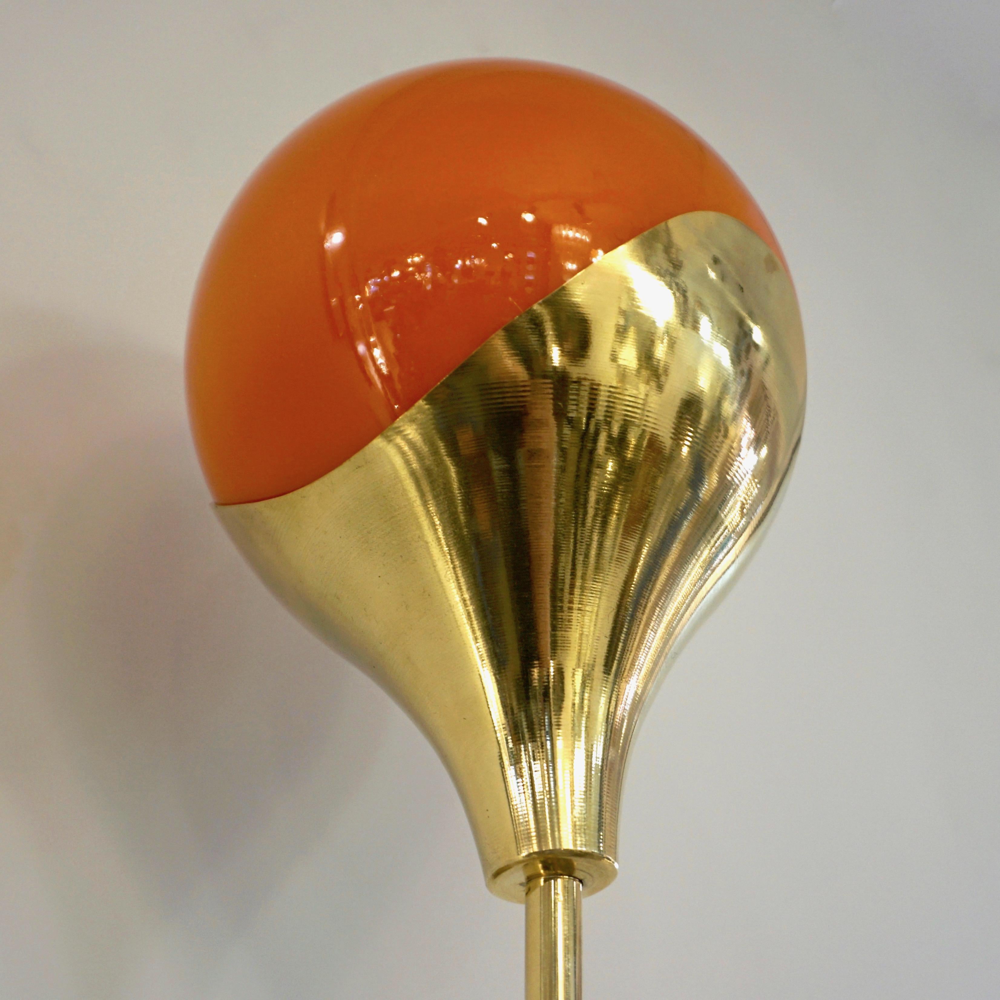 Contemporary Italian Pair of Two Globe White Orange Murano Glass Brass Sconces In New Condition For Sale In New York, NY