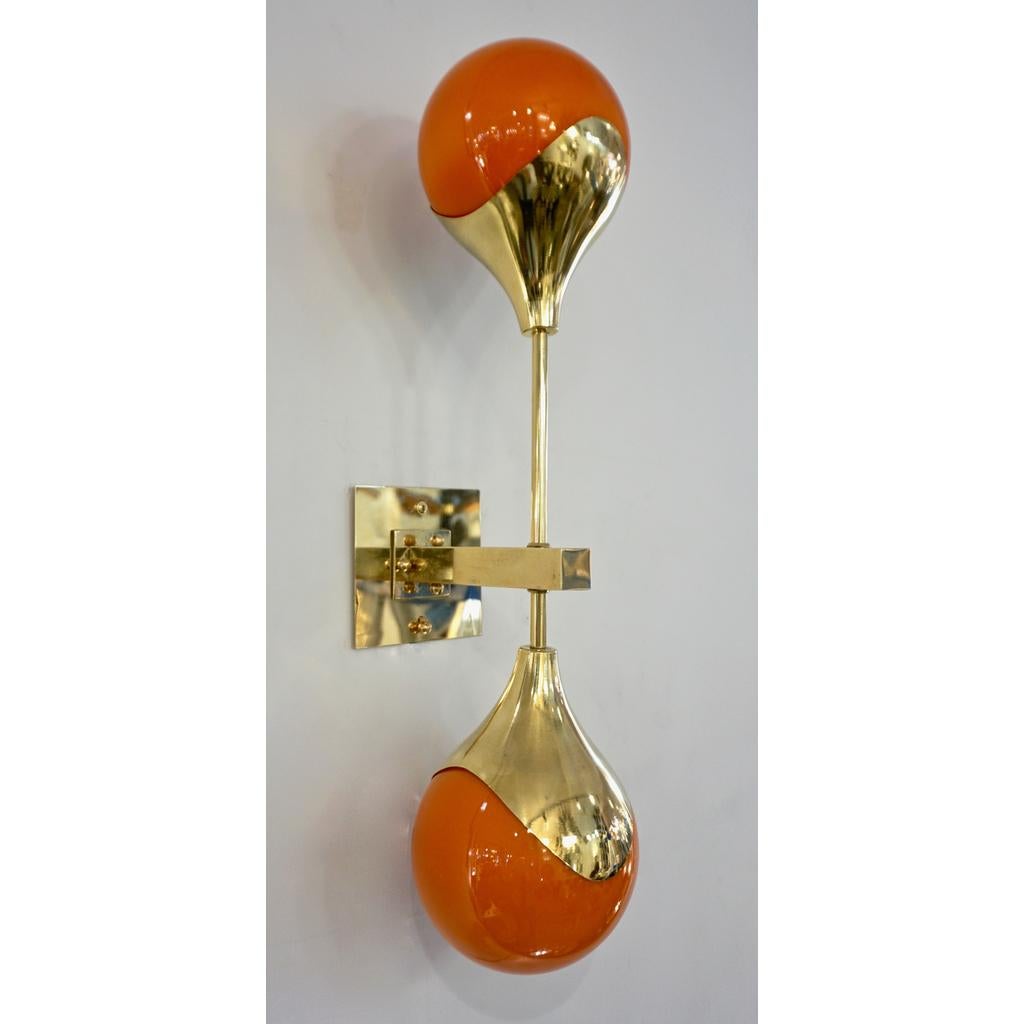 Contemporary Italian Pair of Two Globe White Orange Murano Glass Brass Sconces In New Condition For Sale In New York, NY