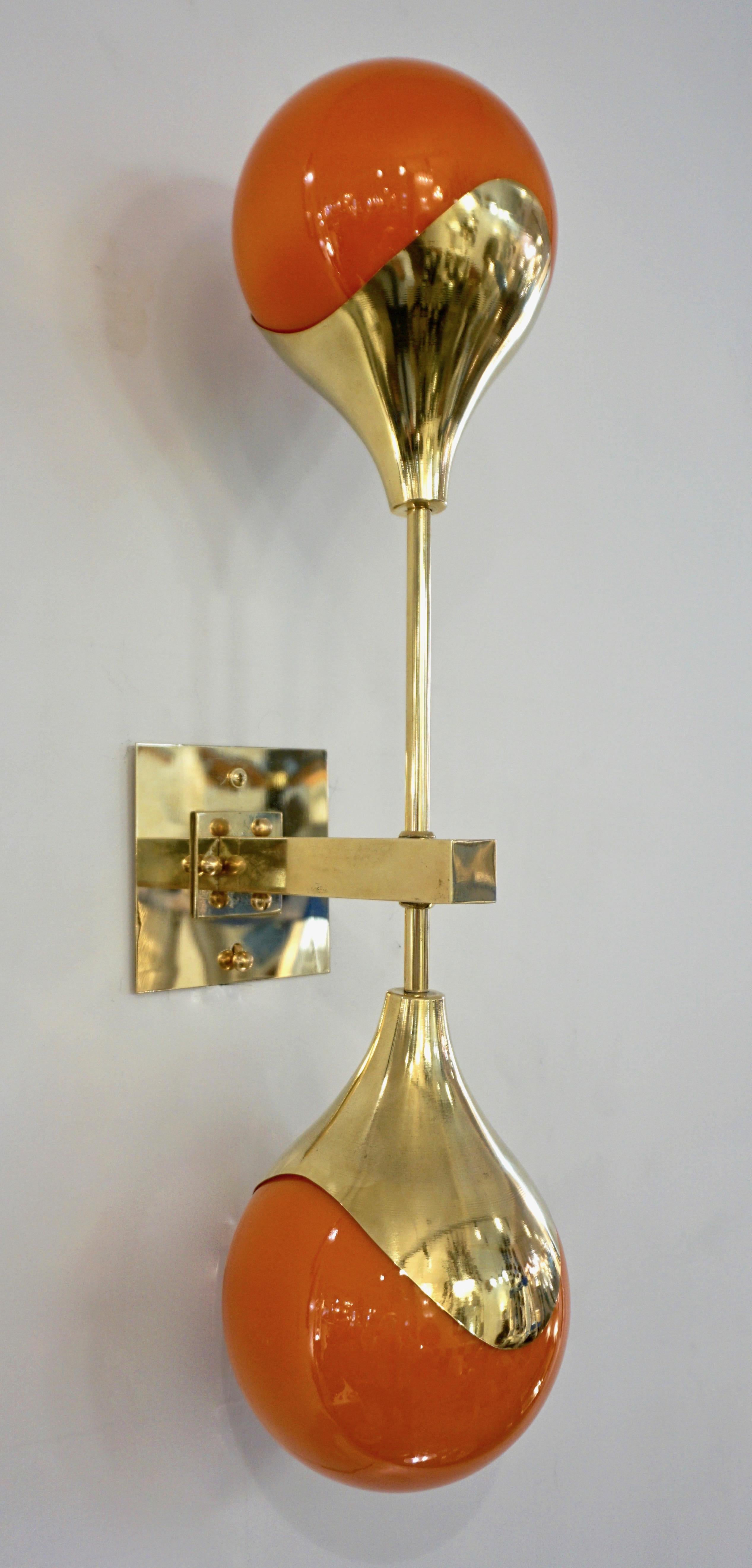 Contemporary Italian Pair of Two Globe White Orange Murano Glass Brass Sconces For Sale 1