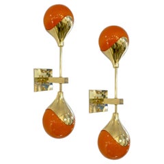 Contemporary Italian Pair of Two Globe White Orange Murano Glass Brass Sconces