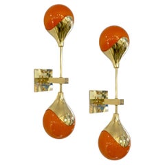 Contemporary Italian Pair of Two Globe White Orange Murano Glass Brass Sconces