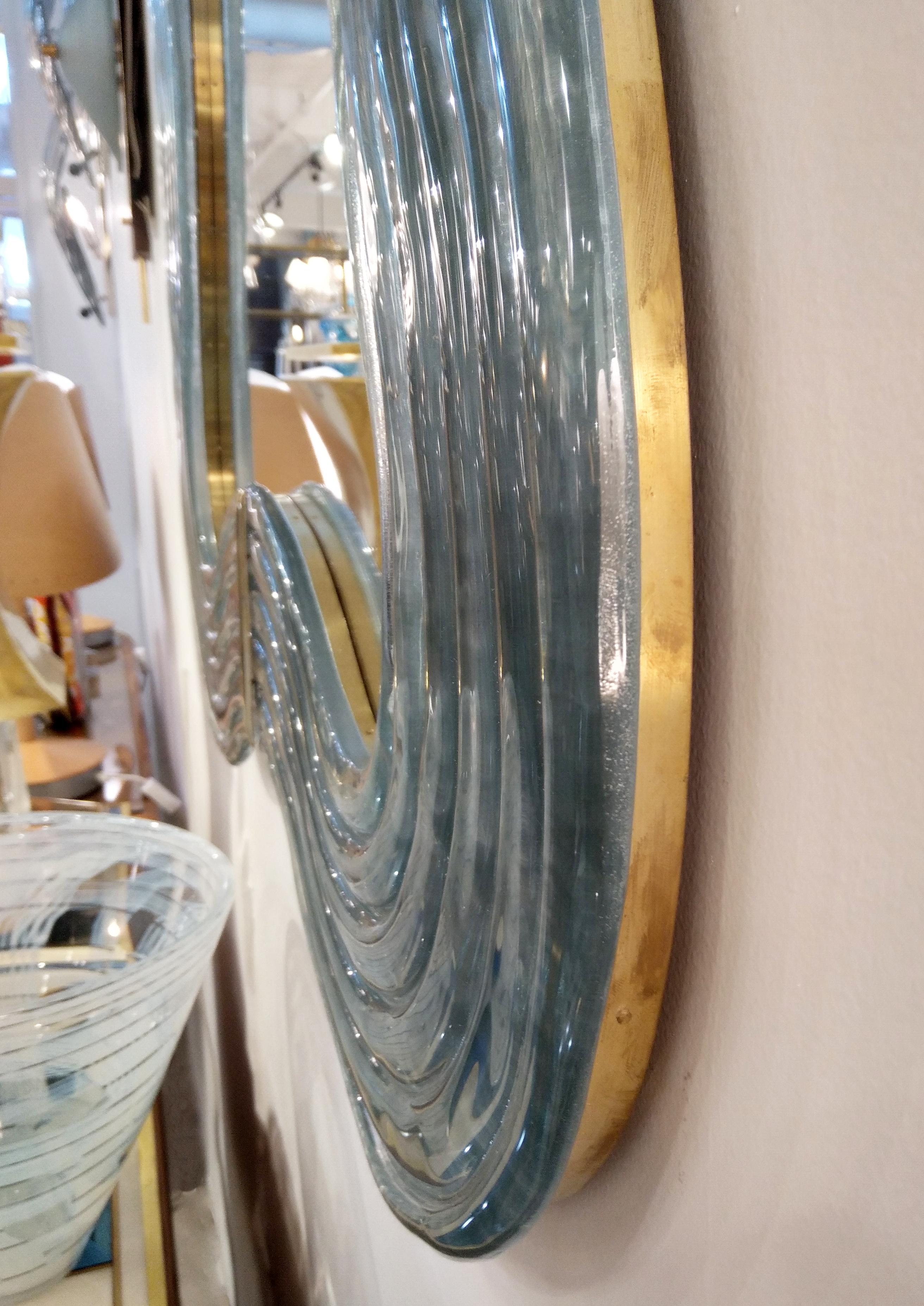 Organic Modern Contemporary Italian Pearl Gray Blue Murano Glass Curved Mirror & Brass Accents For Sale