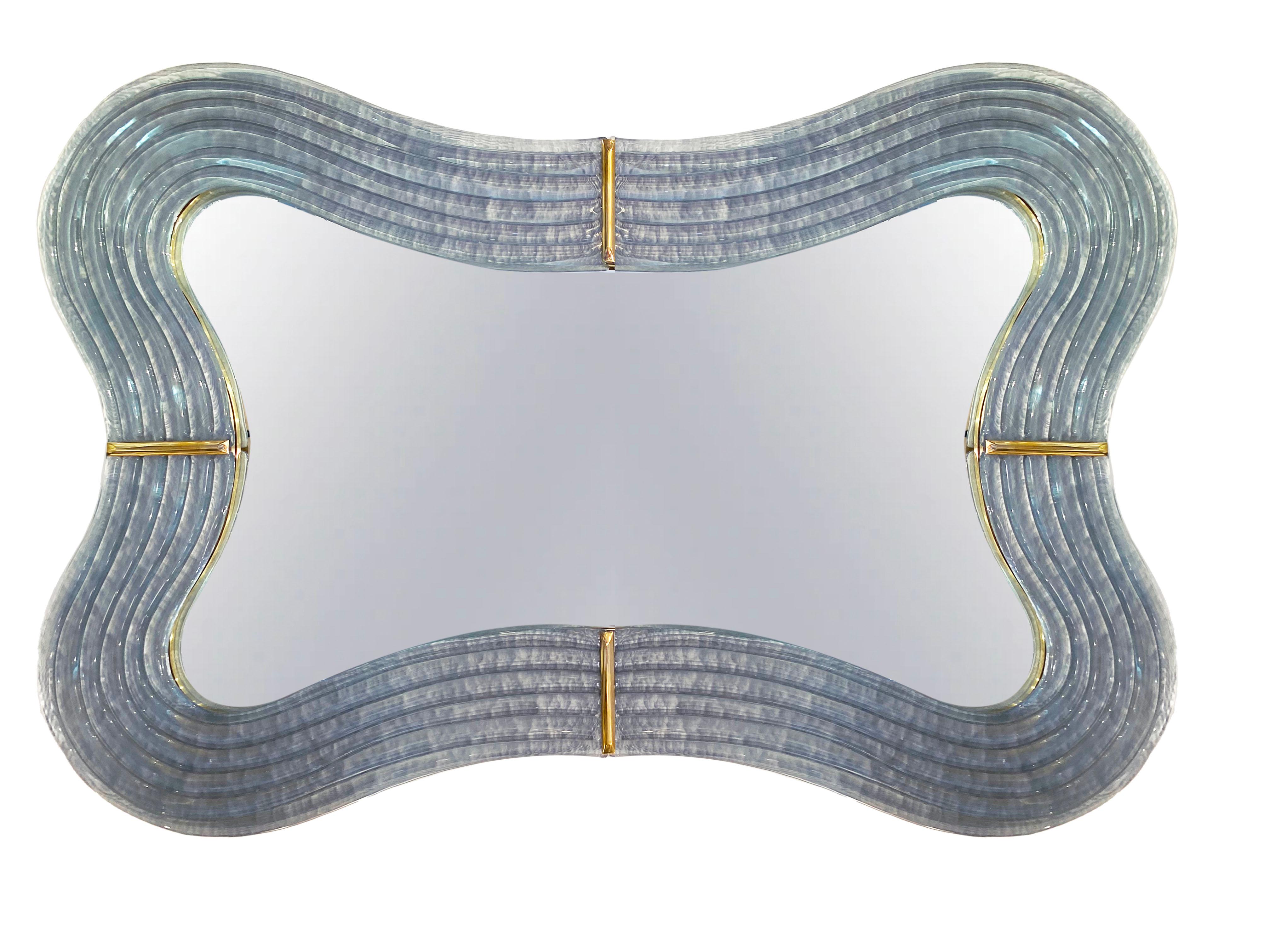 Hand-Crafted Contemporary Italian Pearl Gray Blue Murano Glass Curved Mirror & Brass Accents For Sale