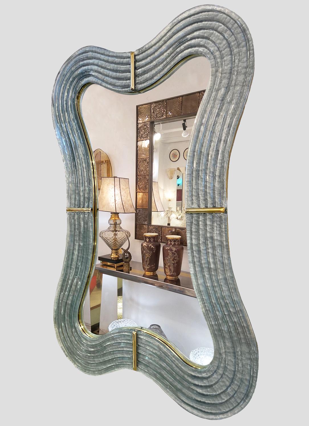Contemporary Italian Pearl Gray Blue Murano Glass Curved Mirror & Brass Accents For Sale 1