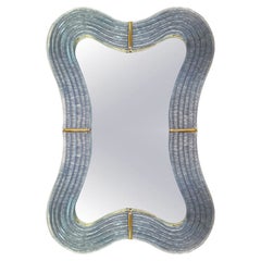 Contemporary Italian Pearl Gray Blue Murano Glass Curved Mirror & Brass Accents