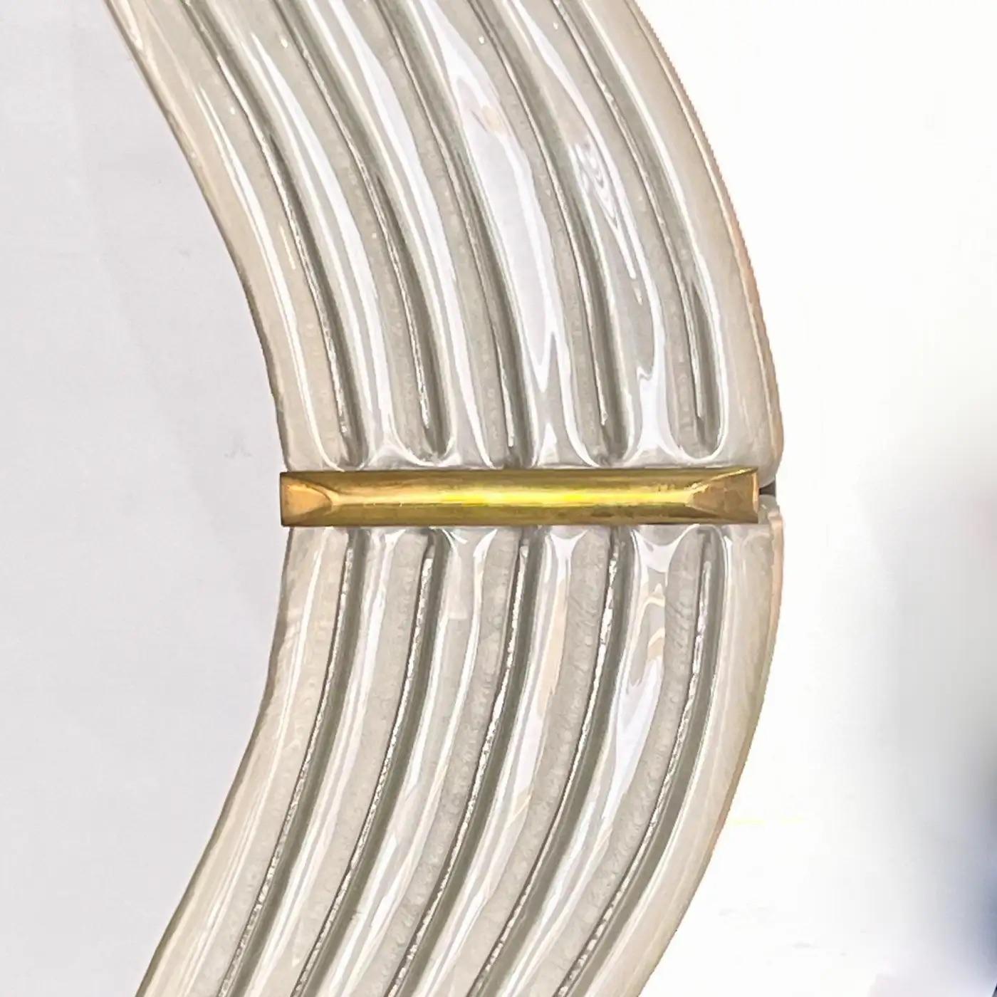 Contemporary Italian Pearl White Cream Murano Glass Brass Backlit Curved Mirror For Sale 7