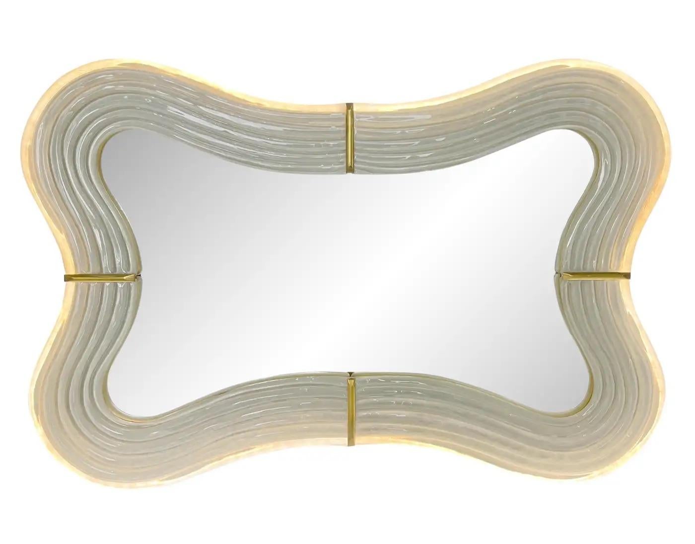 Contemporary Italian Pearl White Cream Murano Glass Brass Backlit Curved Mirror For Sale 8