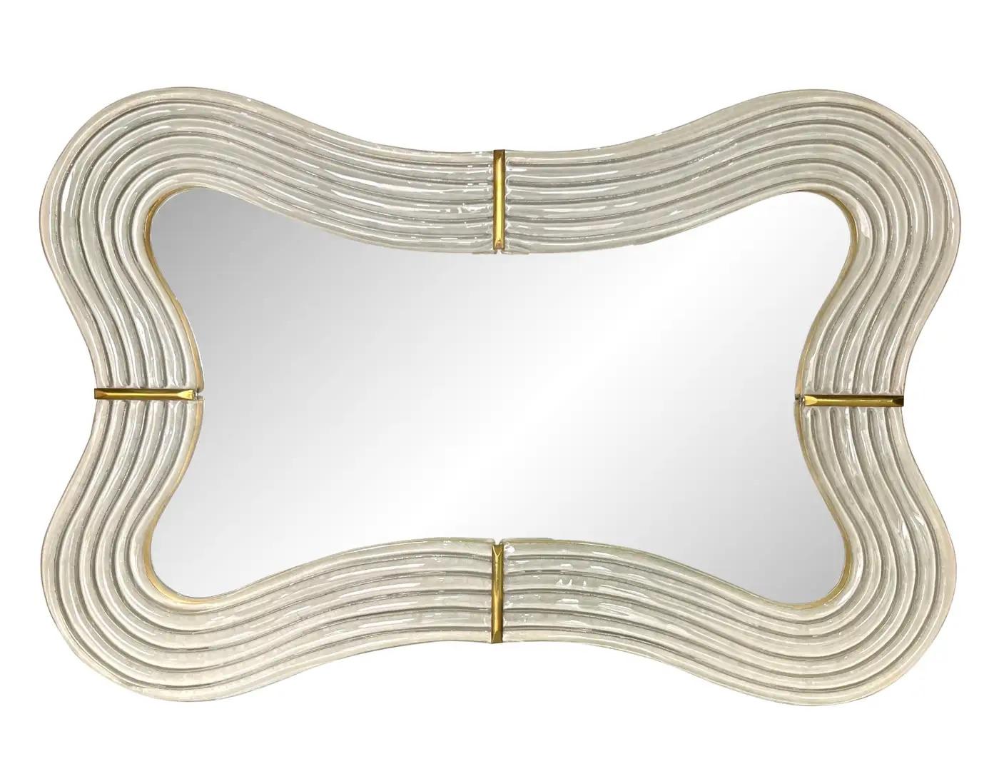 Contemporary Italian Pearl White Cream Murano Glass Brass Backlit Curved Mirror For Sale 9