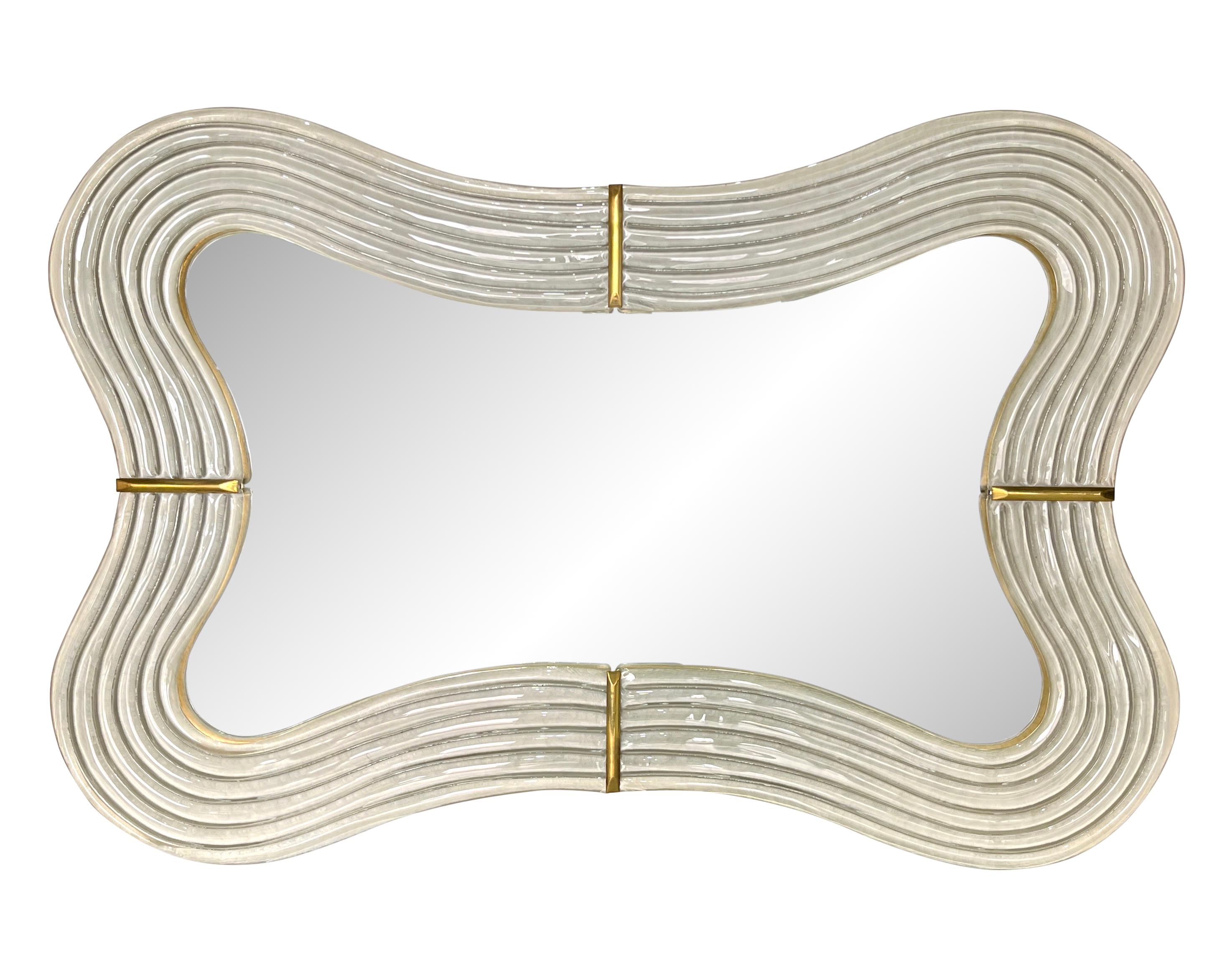 Contemporary Italian Pearl White Cream Murano Glass Brass Backlit Curved Mirror For Sale 10