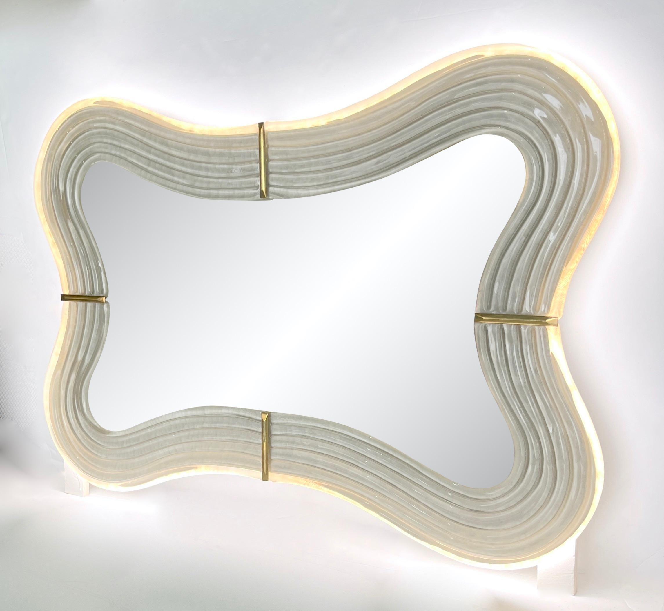 Organic Modern Contemporary Italian Pearl White Cream Murano Glass Brass Backlit Curved Mirror For Sale
