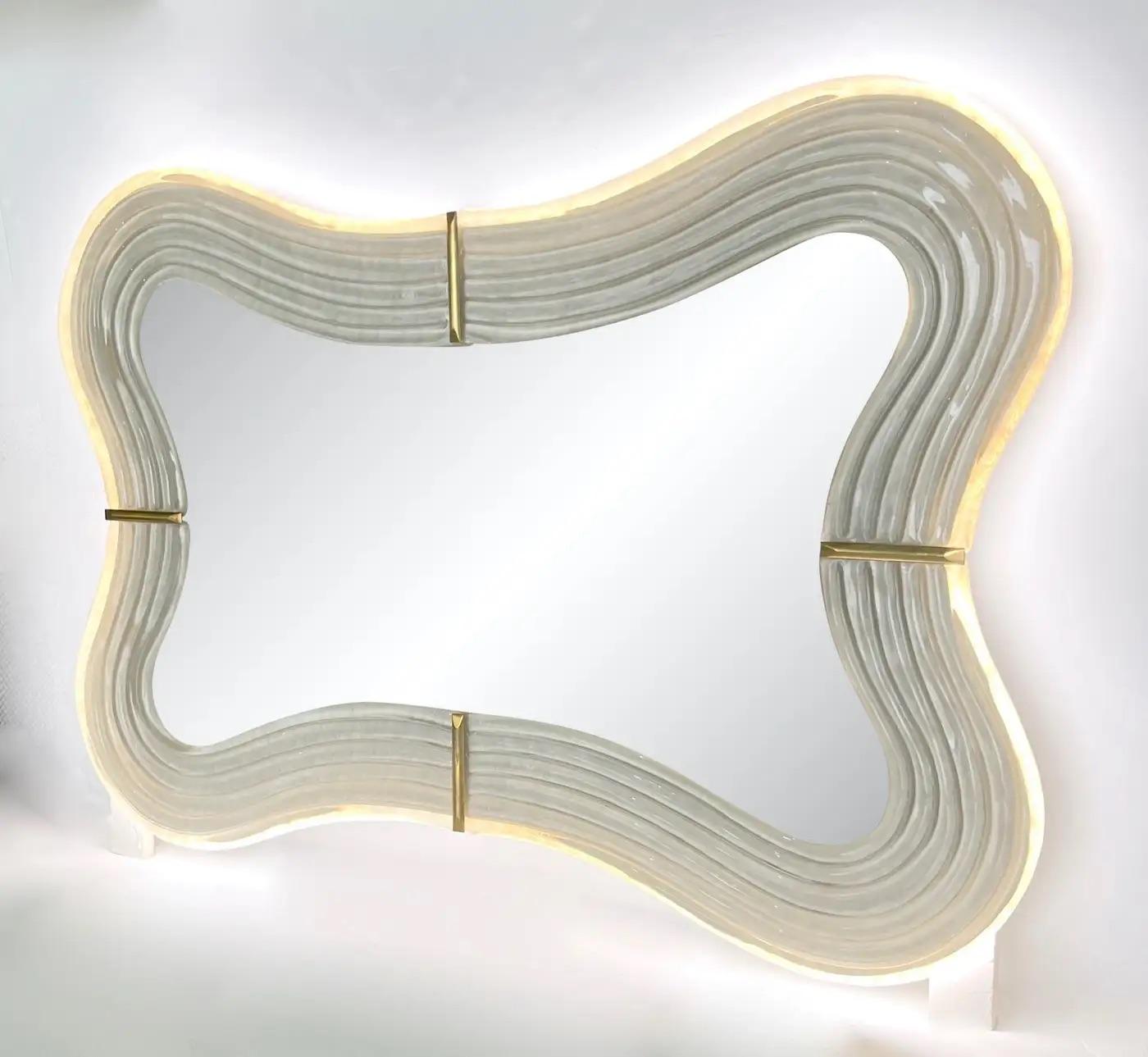 Organic Modern Contemporary Italian Pearl White Cream Murano Glass Brass Backlit Curved Mirror For Sale