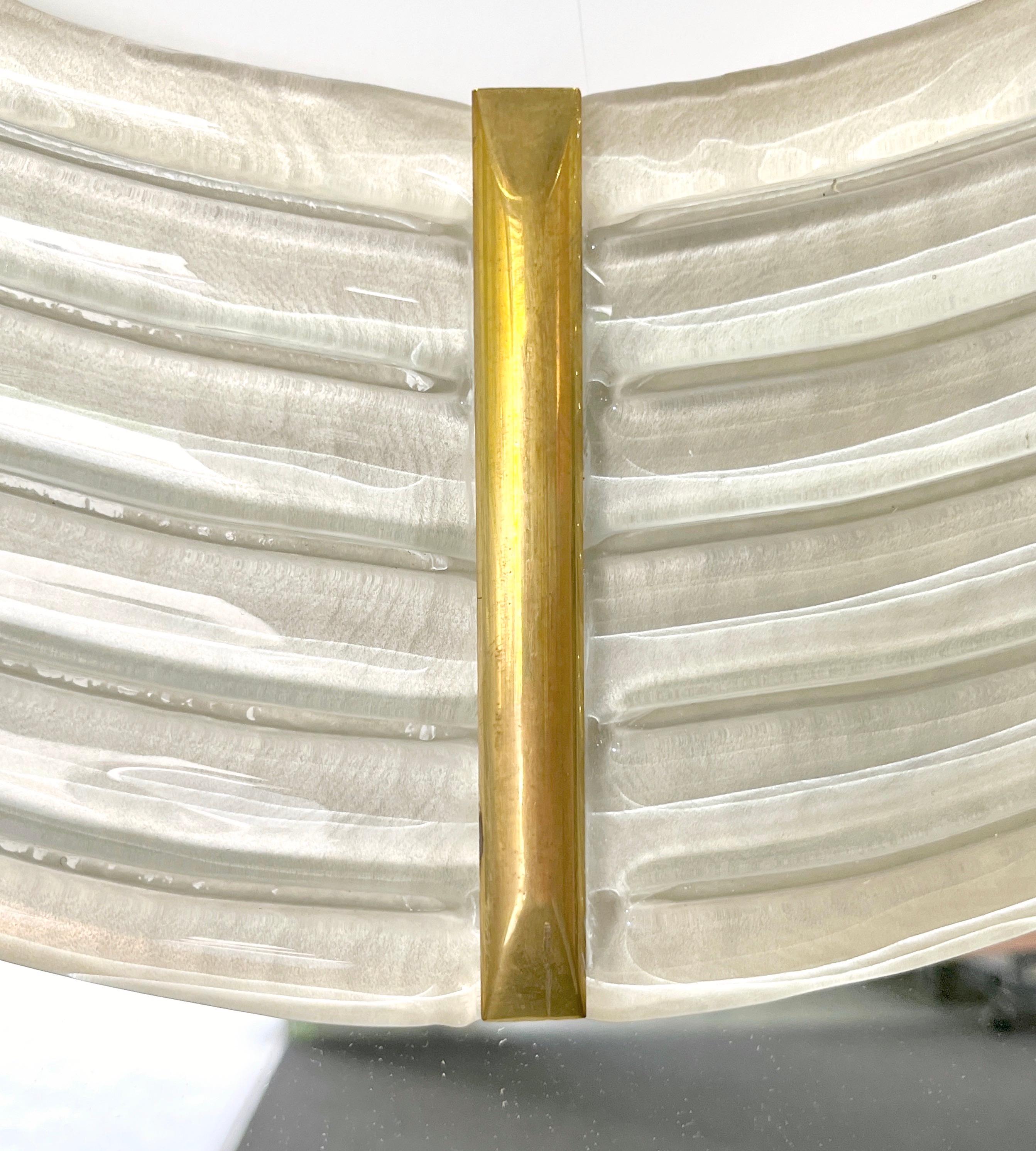 Hand-Crafted Contemporary Italian Pearl White Cream Murano Glass Brass Backlit Curved Mirror For Sale