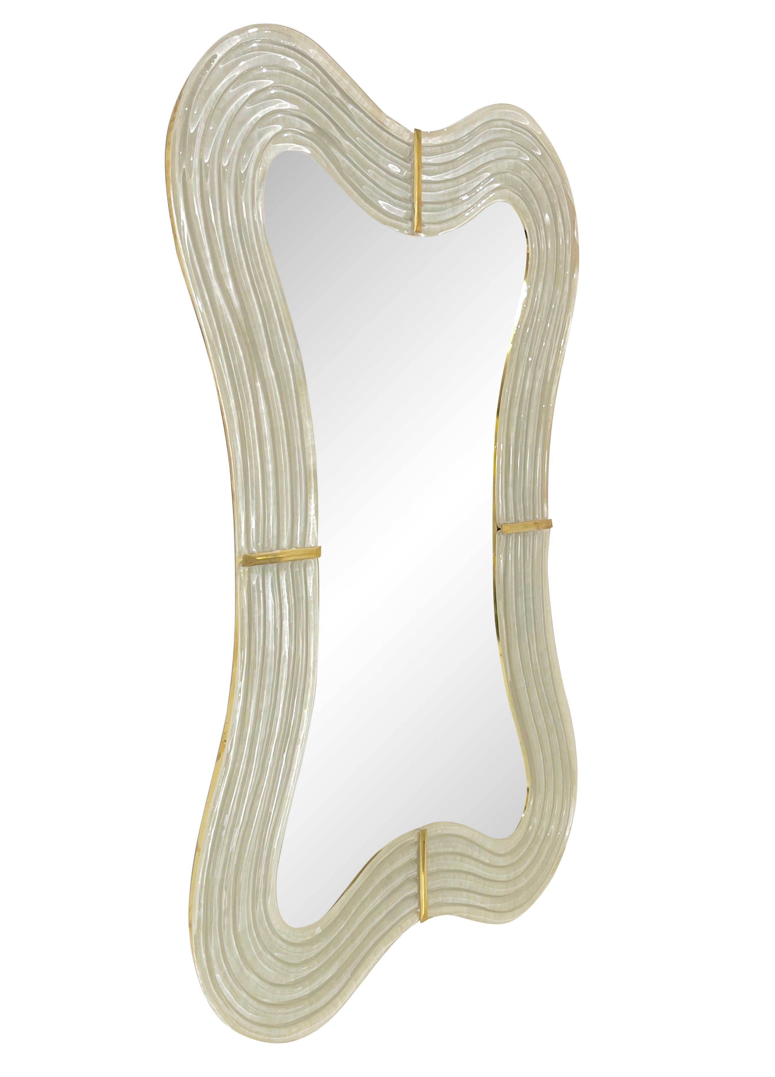 Contemporary Italian Pearl White Cream Murano Glass Brass Backlit Curved Mirror For Sale 1