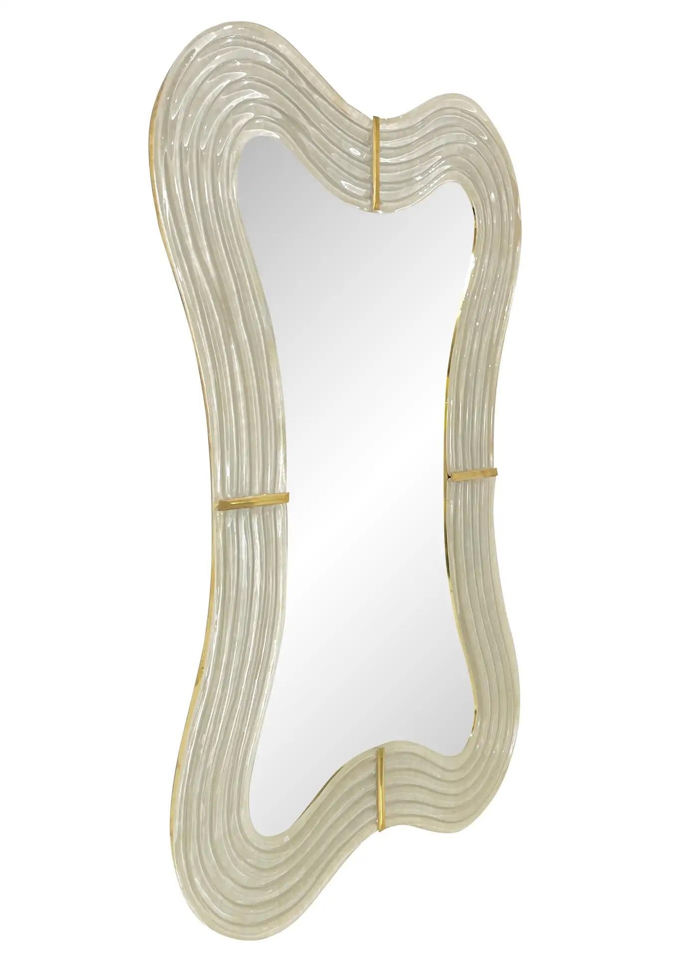 Contemporary Italian Pearl White Cream Murano Glass Brass Backlit Curved Mirror For Sale 1