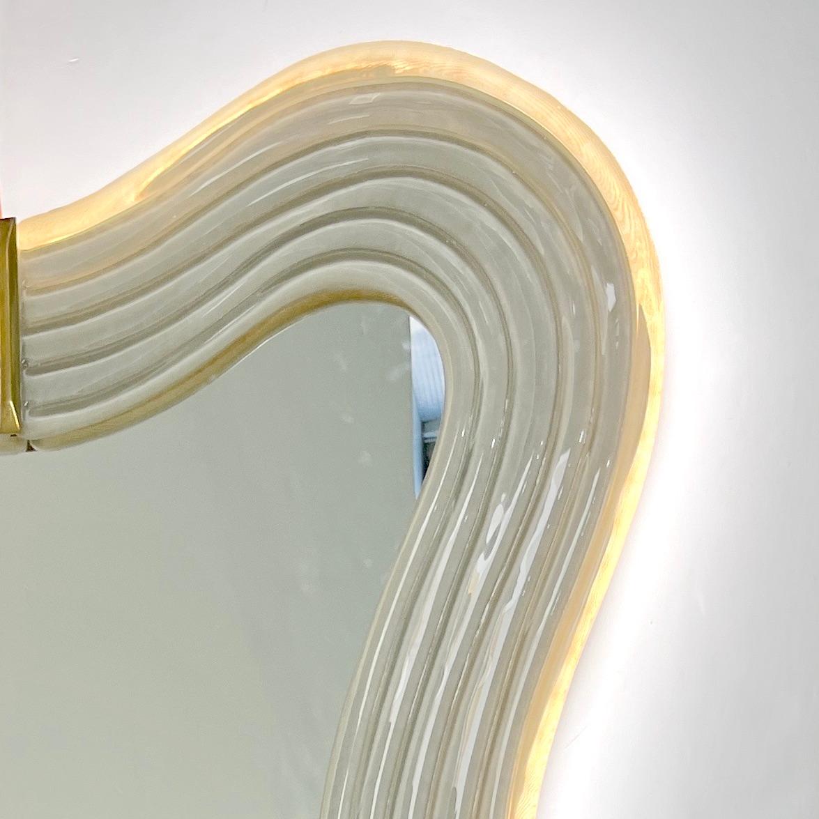 Contemporary Italian Pearl White Cream Murano Glass Brass Backlit Curved Mirror For Sale 2