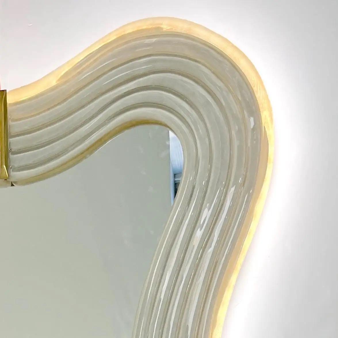 Contemporary Italian Pearl White Cream Murano Glass Brass Backlit Curved Mirror For Sale 2