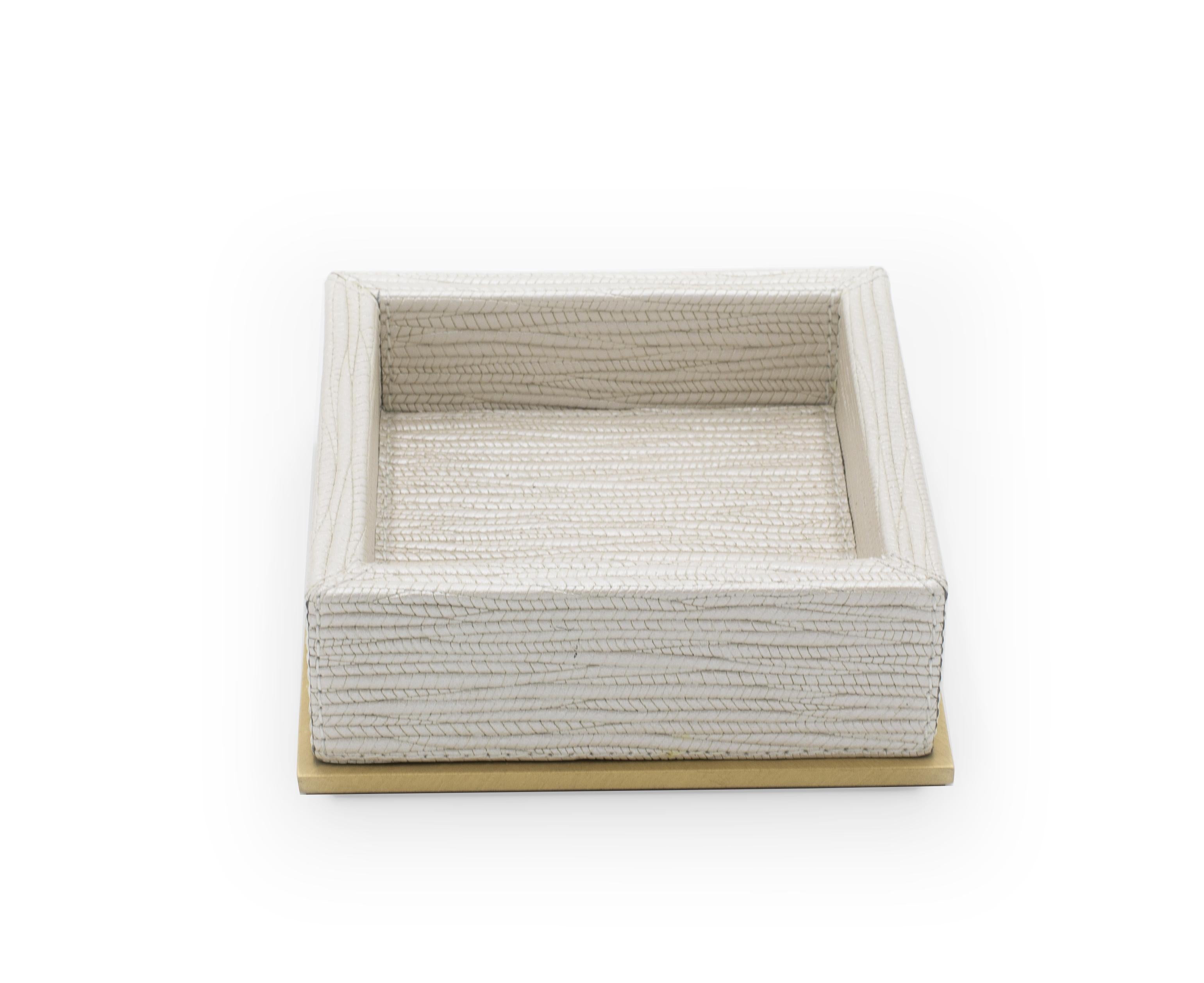 Contemporary square pearlescent valet tray with a beige interior and gilt metal bottom (Made in Italy).