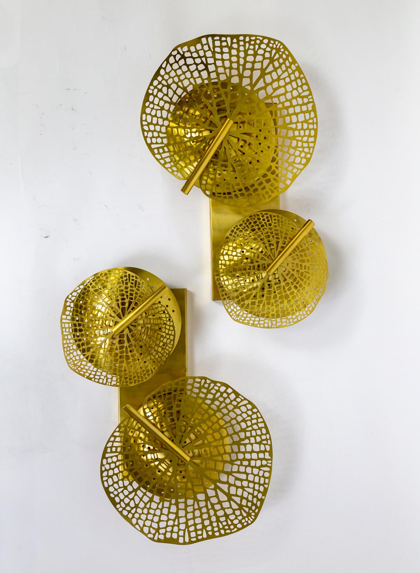 Contemporary Italian Polished Brass Perforated Leaf Sconces, Pair.  2 pair avail For Sale 6