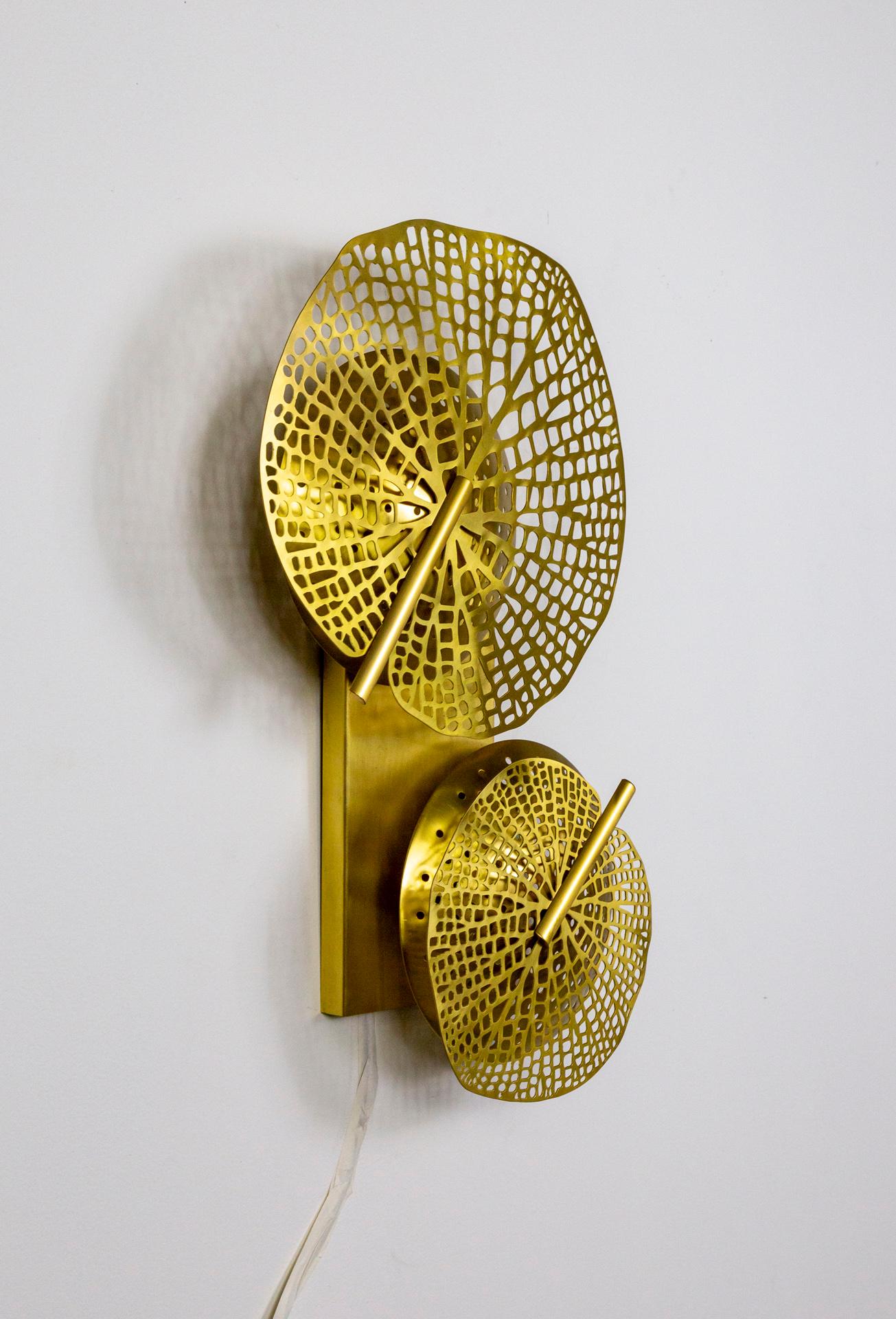 Organic Modern Contemporary Italian Polished Brass Perforated Leaf Sconces, Pair.  For Sale