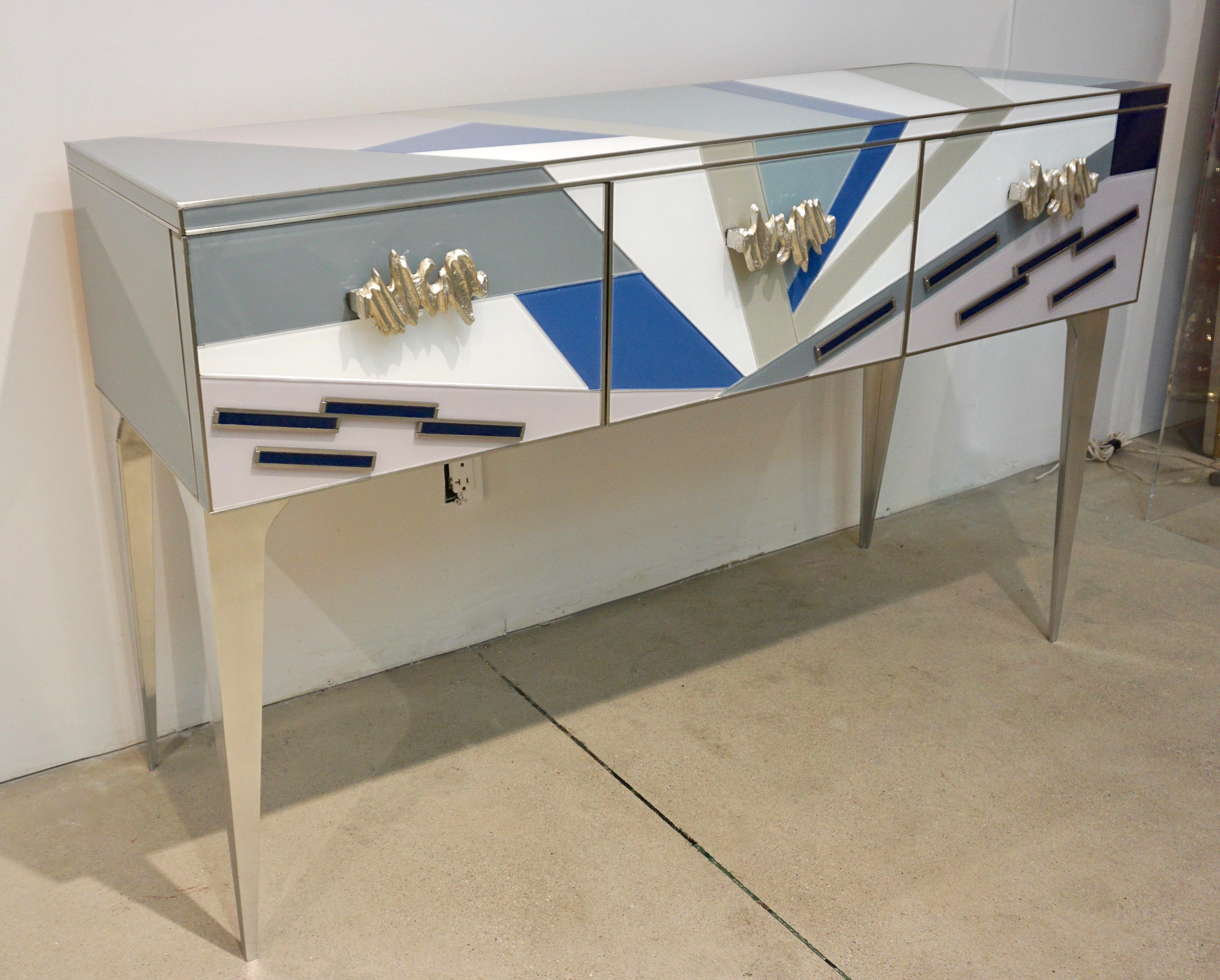 Contemporary Italian Pop Design Colored Glass Console / Sideboard on Nickel Legs 4