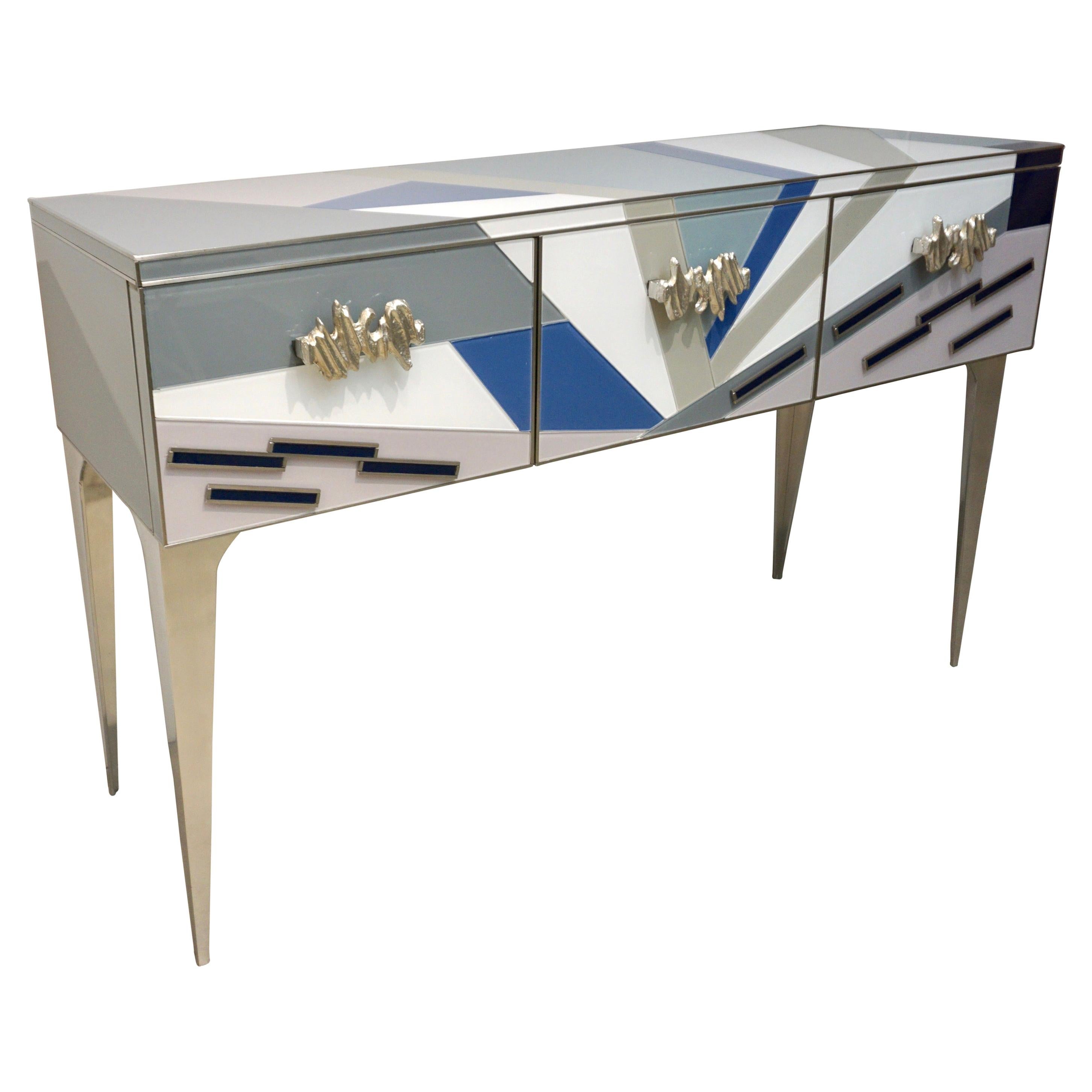 Contemporary Italian Pop Design Colored Glass Console / Sideboard on Nickel Legs