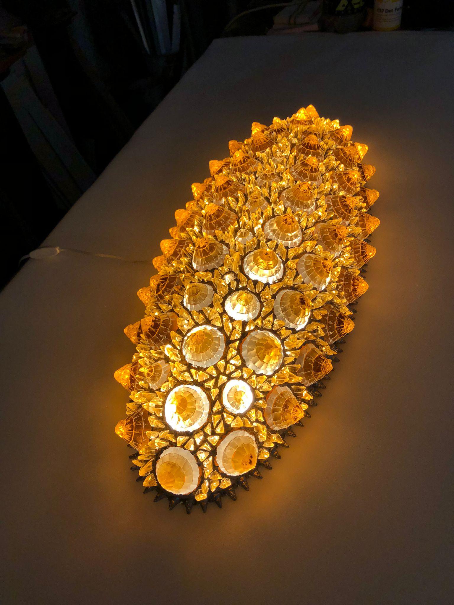 Organic Modern Contemporary Italian Post-Modern Amber Gold Glass Oval Silver Flush/Chandelier For Sale