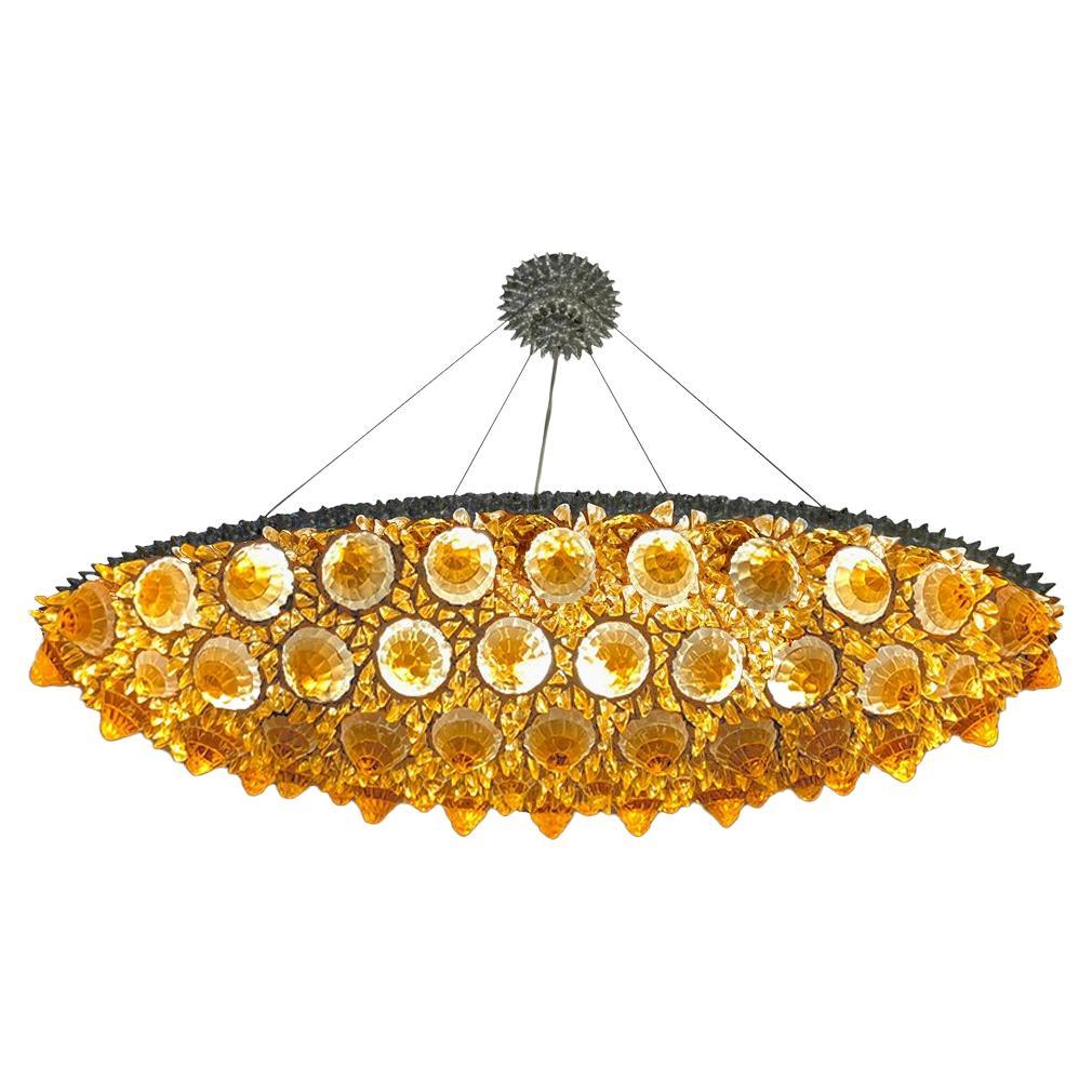 Contemporary Italian Post-Modern Ambra Gold Glass Oval Silver Flush/Chandelier