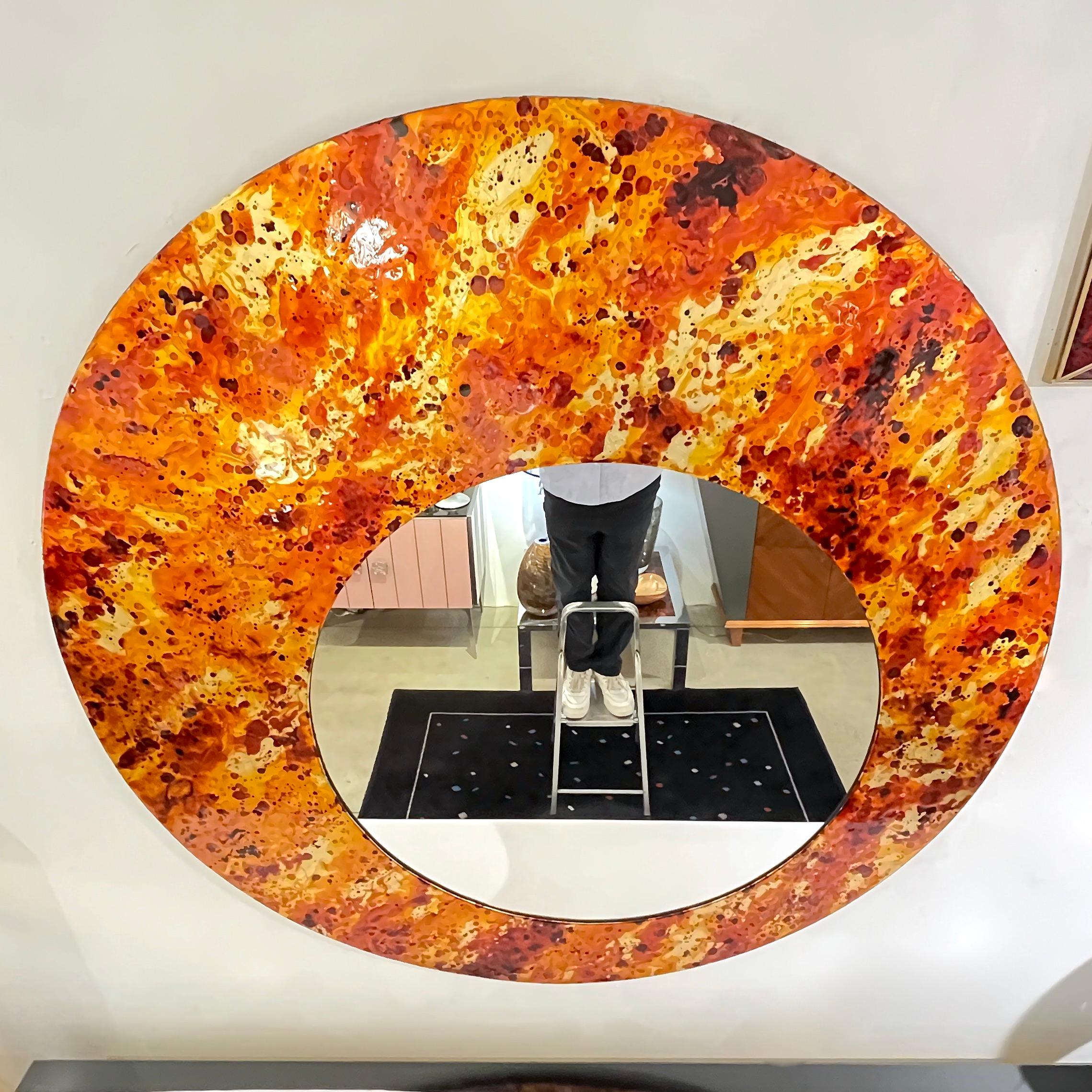 Contemporary Italian Postmodern Orange Copper Enamel Fiber Glass Round Mirror For Sale 9